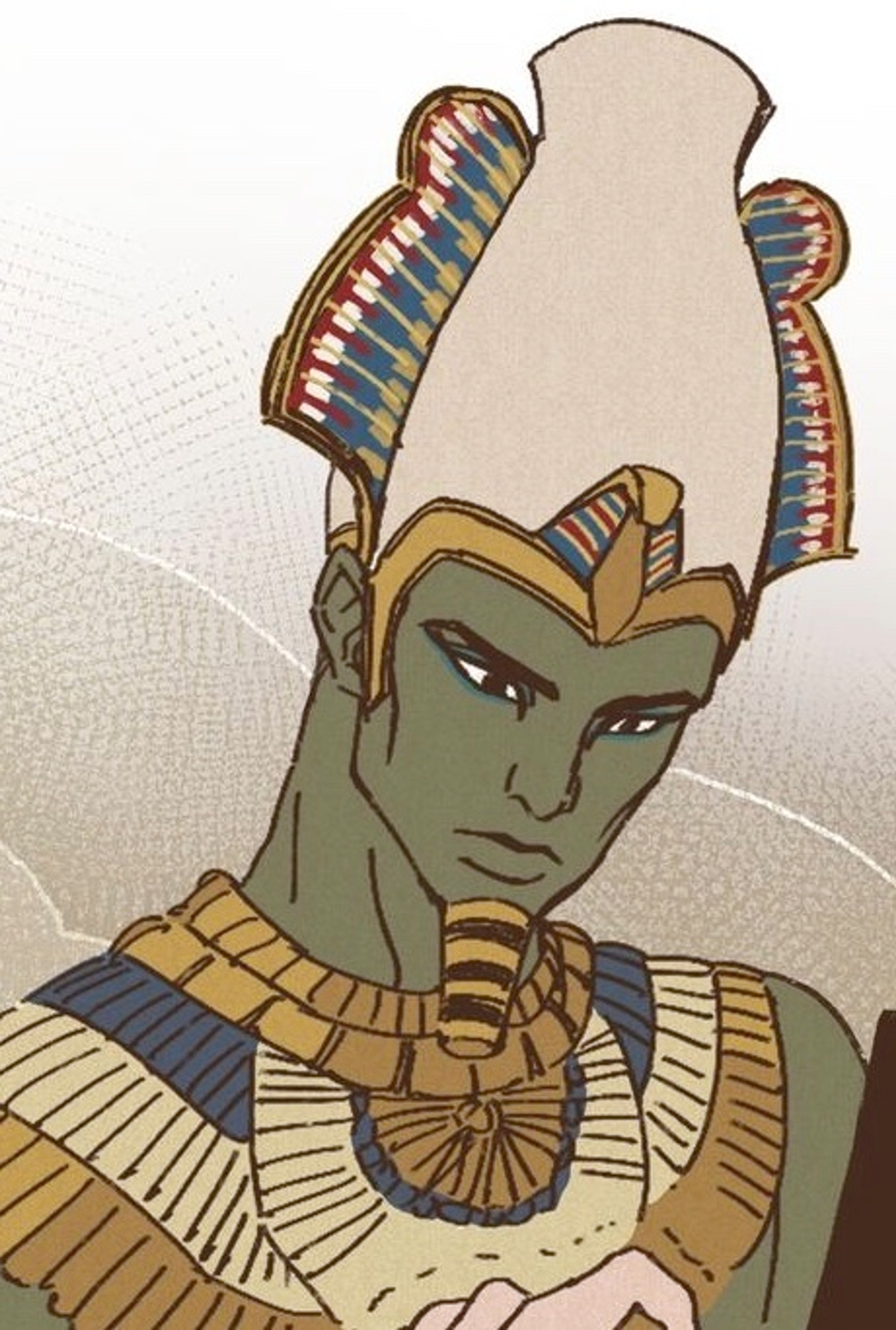 An illustration of a character with green skin, blue markings, and an elaborate headdress.