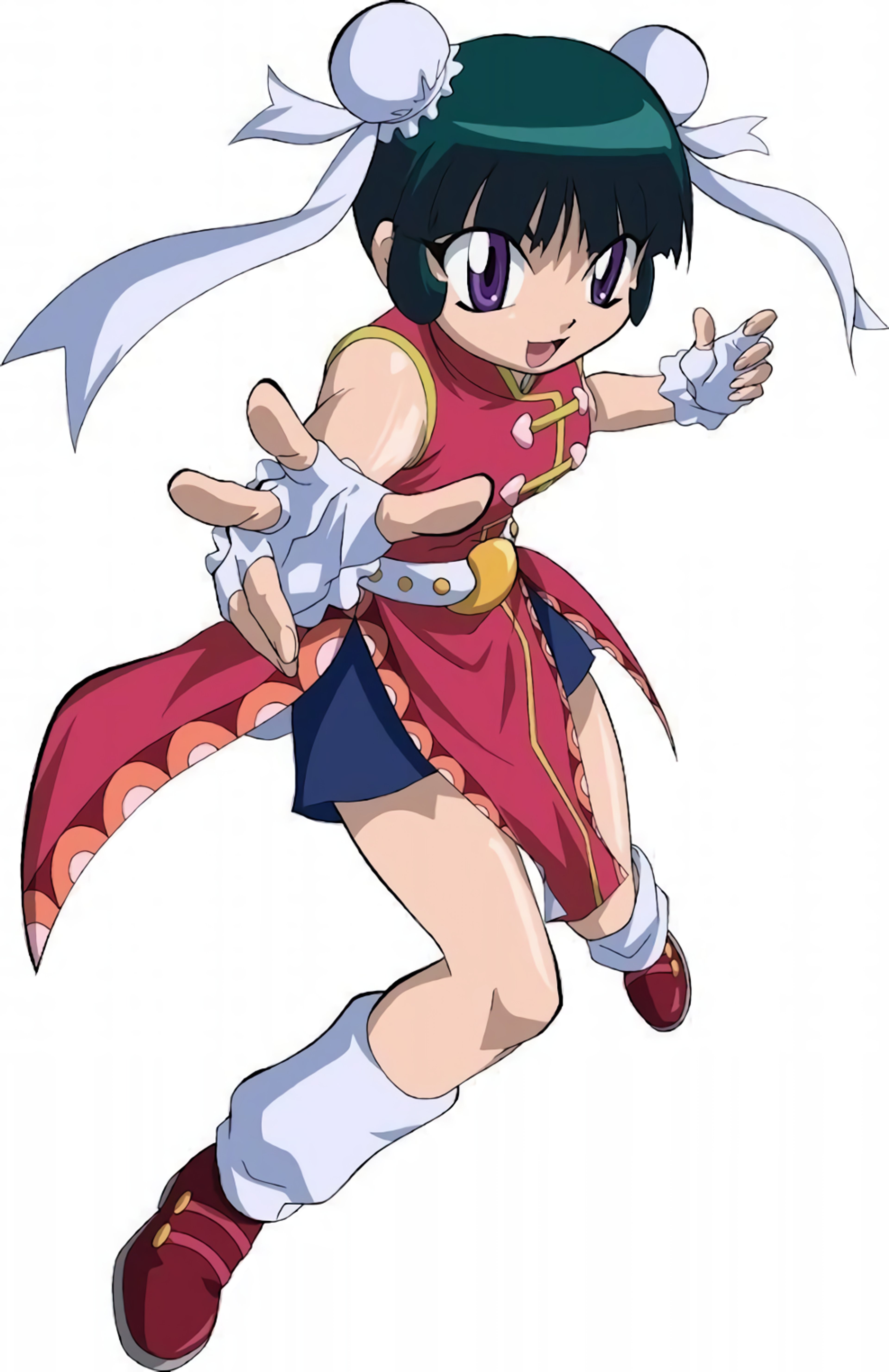 An anime-style character named Mei-Mei with a petite frame, long black hair, and a red outfit with white accents.