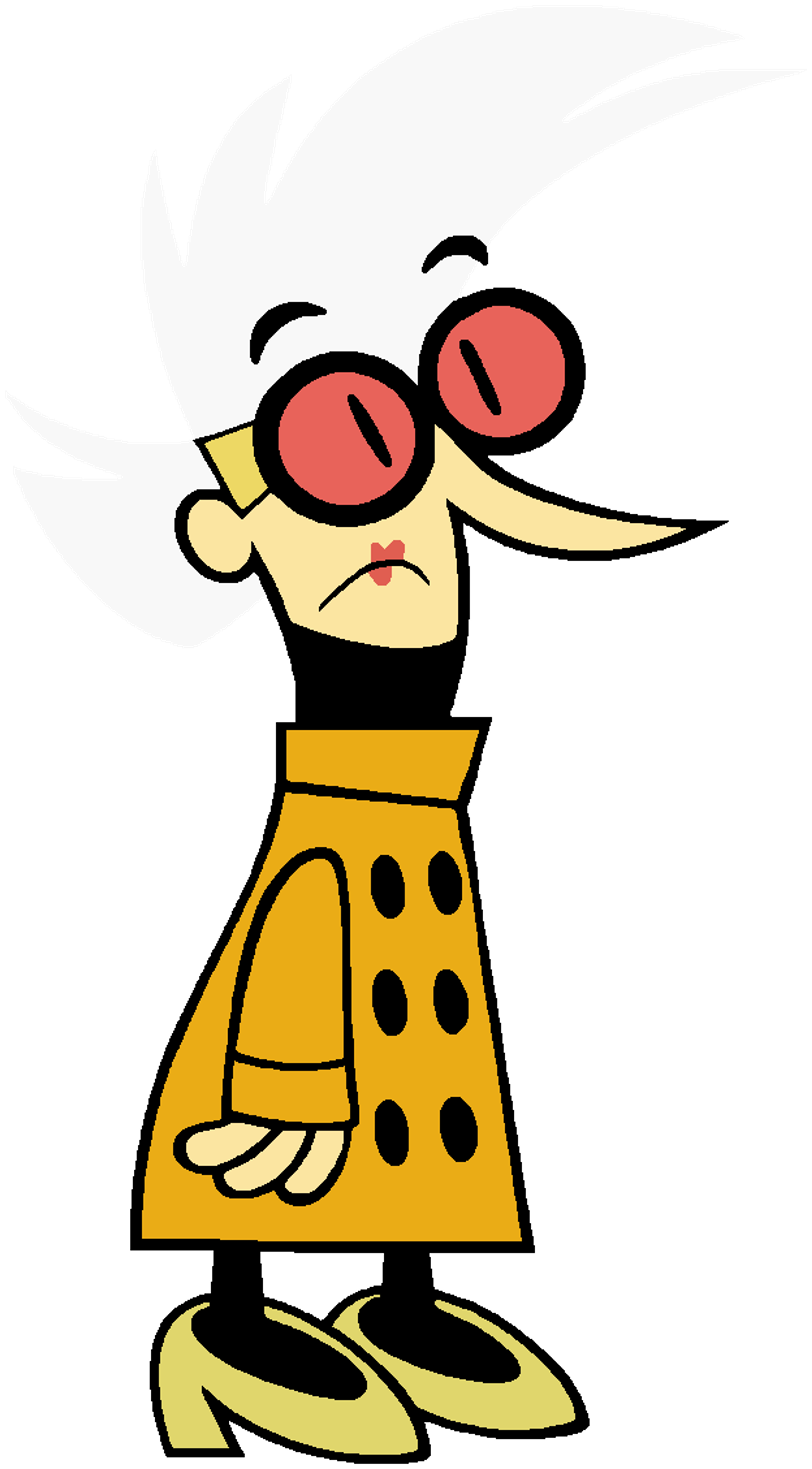 A cartoon character of an eccentric, middle-aged female scientist or robotics engineer with a distinctive white updo hairstyle, red lab goggles, and a yellow lab coat.