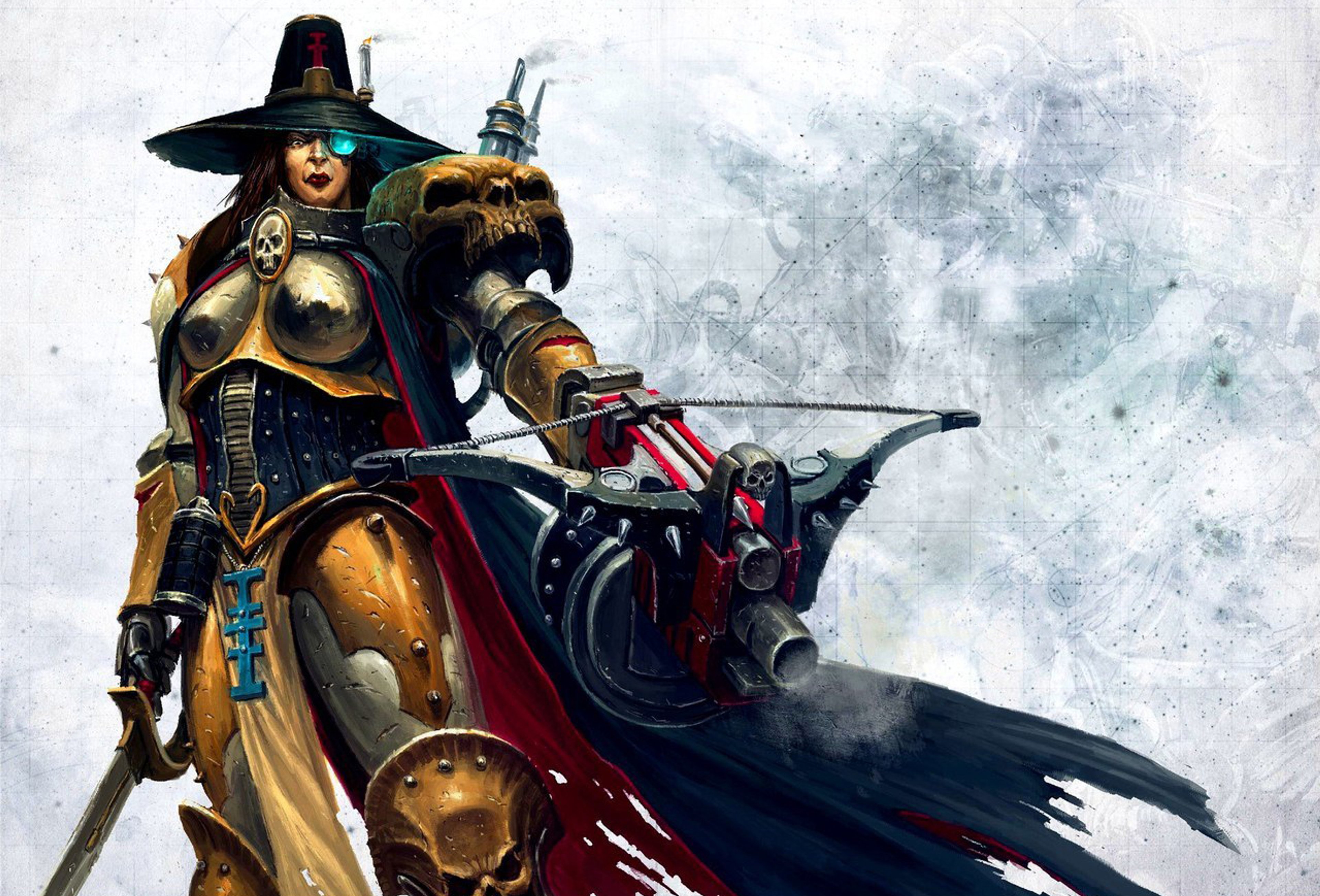 A heavily armored Inquisitor figure from the Warhammer 40,000 universe, holding a large energy weapon.