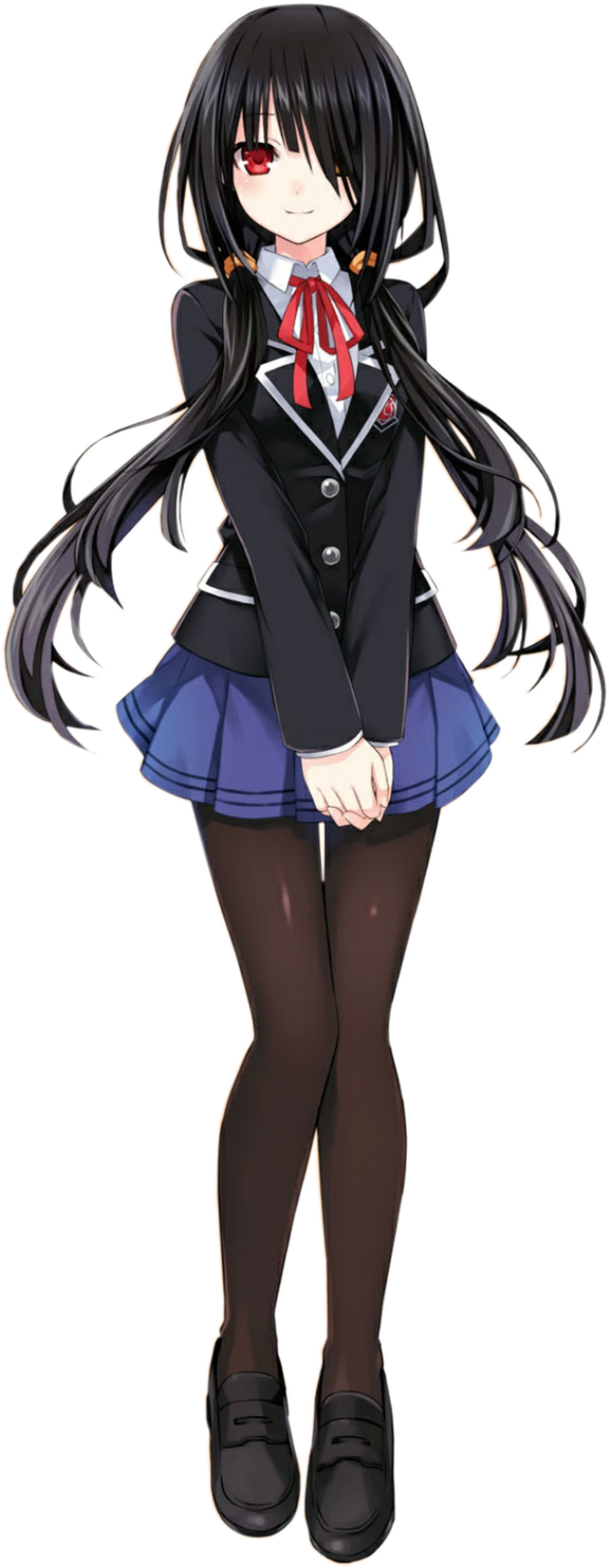 An anime-style character with long black hair, wearing a black jacket, red tie, and a short blue skirt.