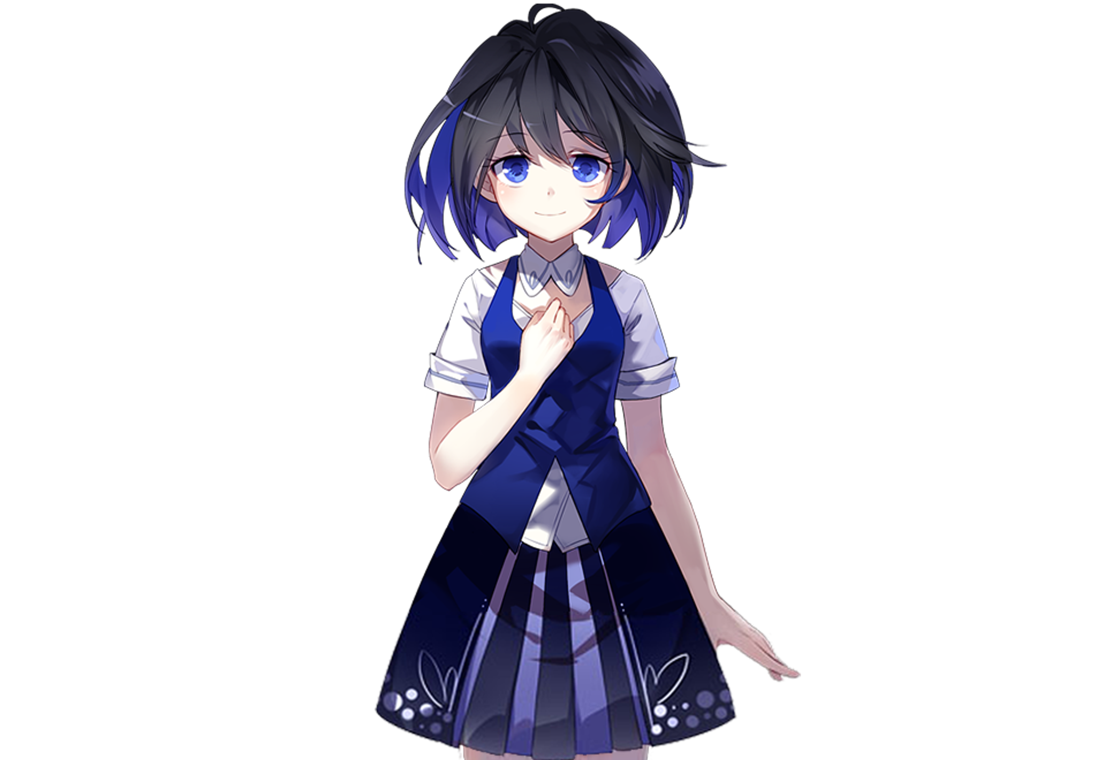 An anime-style character with blue hair and red eyes wearing a white shirt and blue skirt