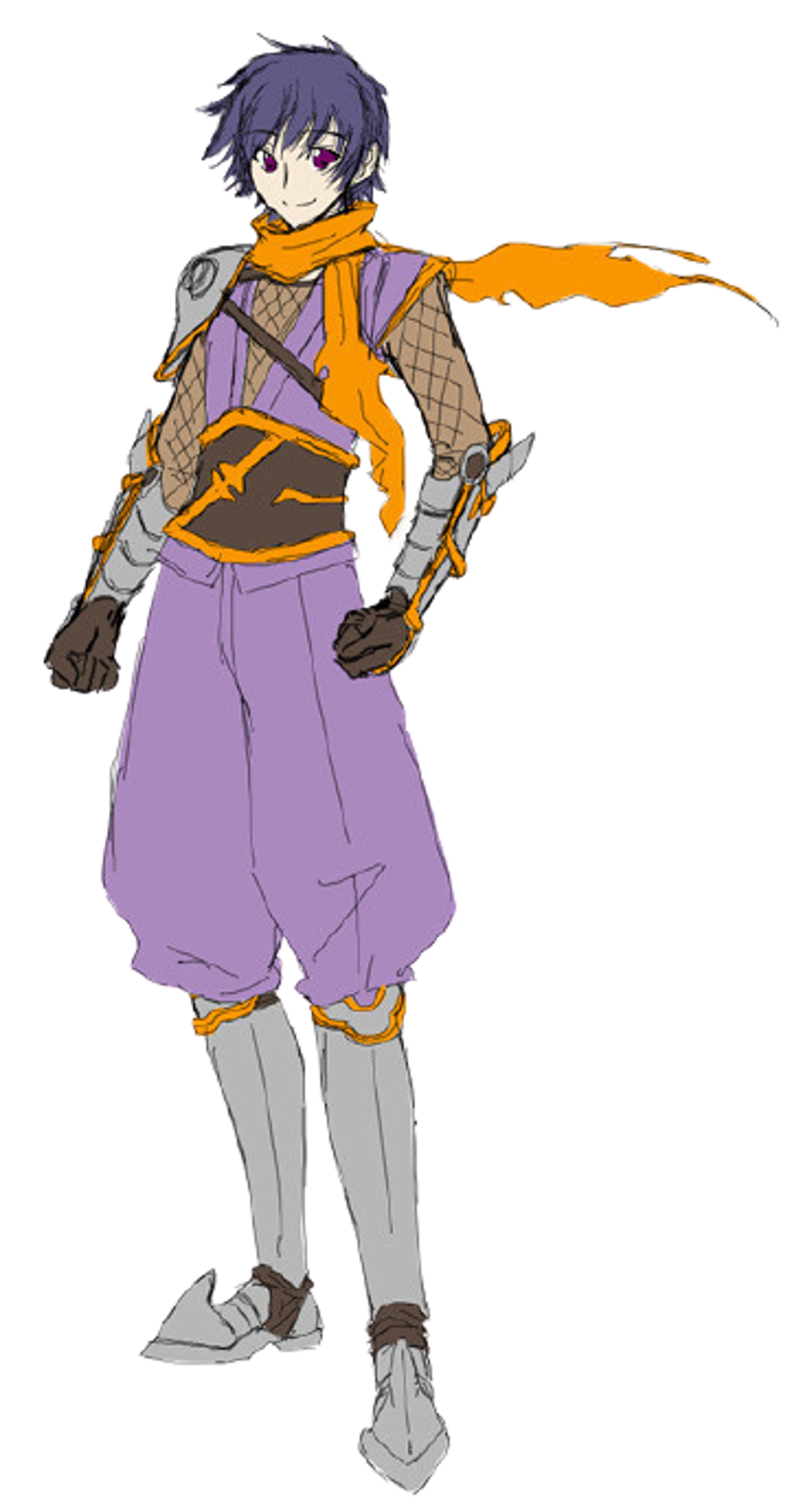 A young man with purple hair wearing a tan and orange outfit, holding a weapon or tool.