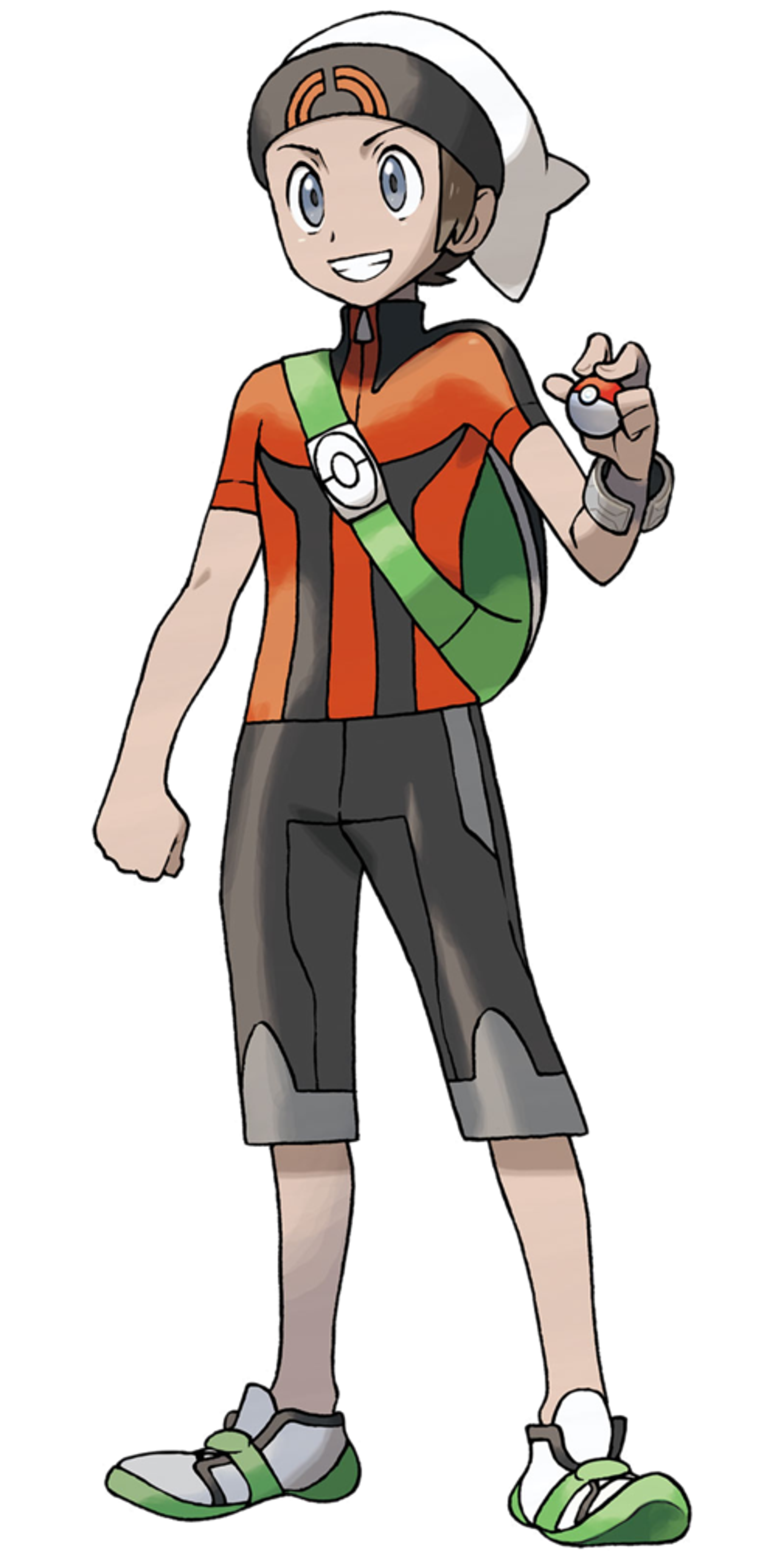 A young man with dark hair and pale skin, wearing a green and orange outfit, with a friendly expression on his face.