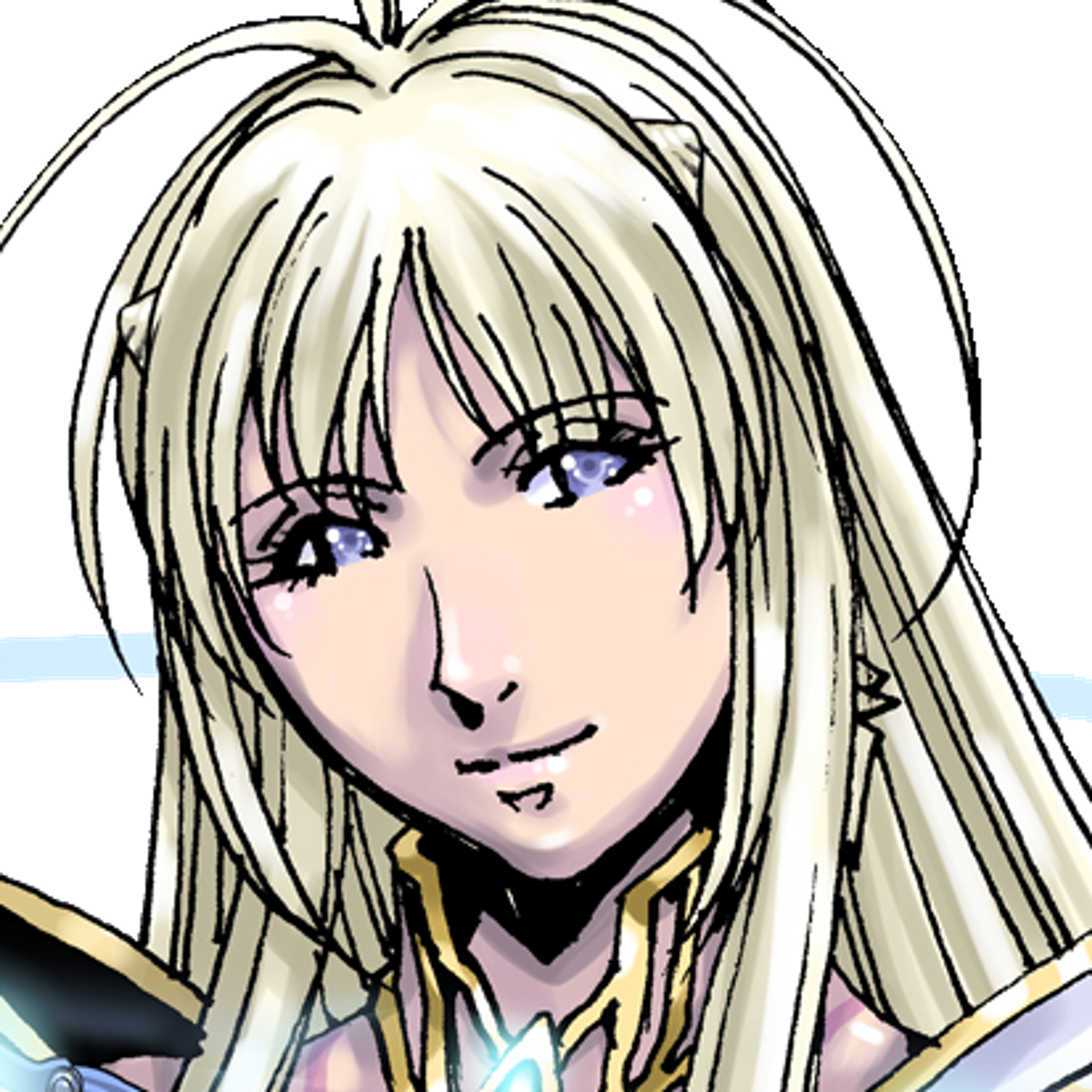 An anime-style character with long blonde hair and a kind expression, wearing practical clothing.