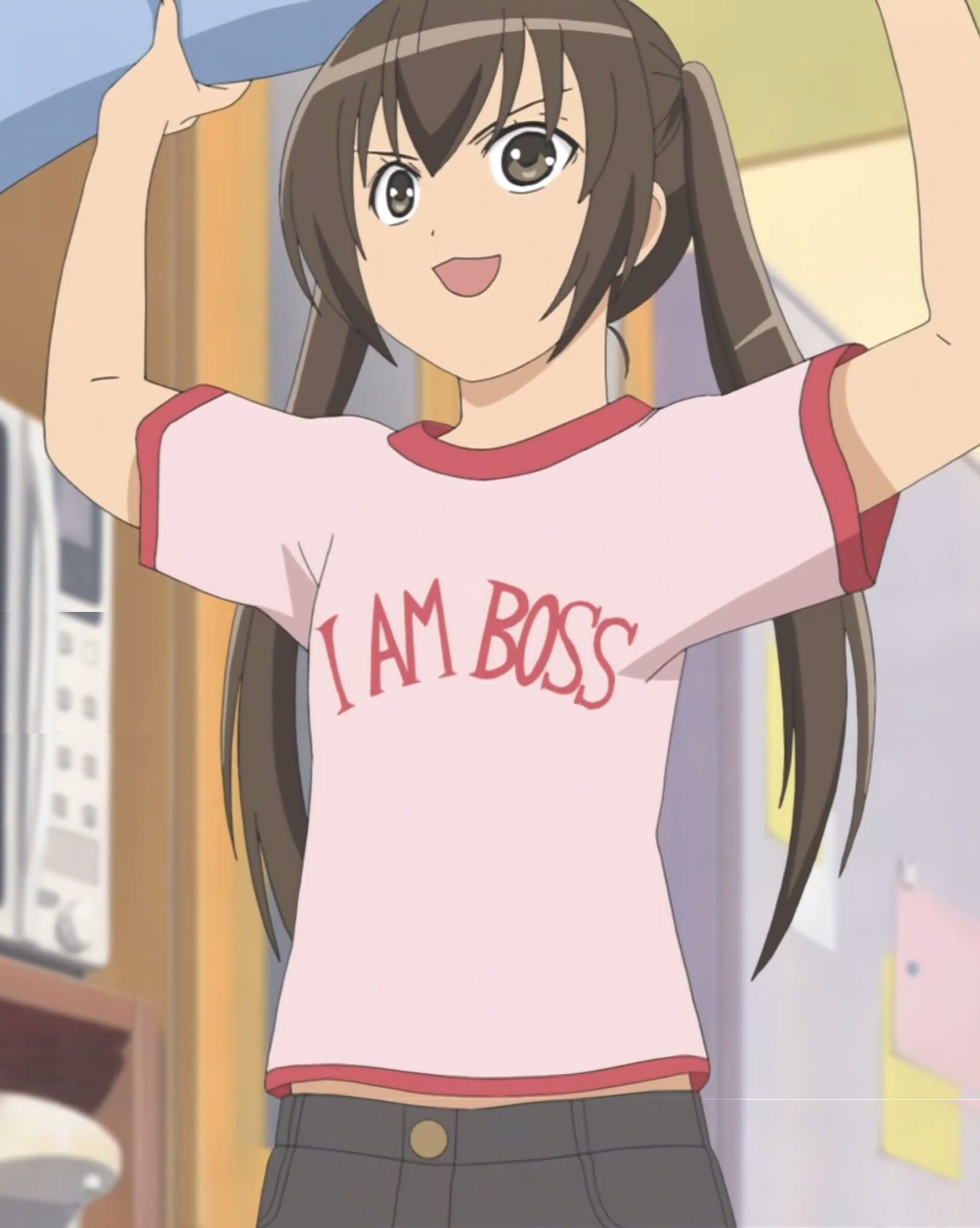 An anime-style character with brown pigtails and hazel eyes, wearing a pink t-shirt with 'I AM BOSS' printed on it.