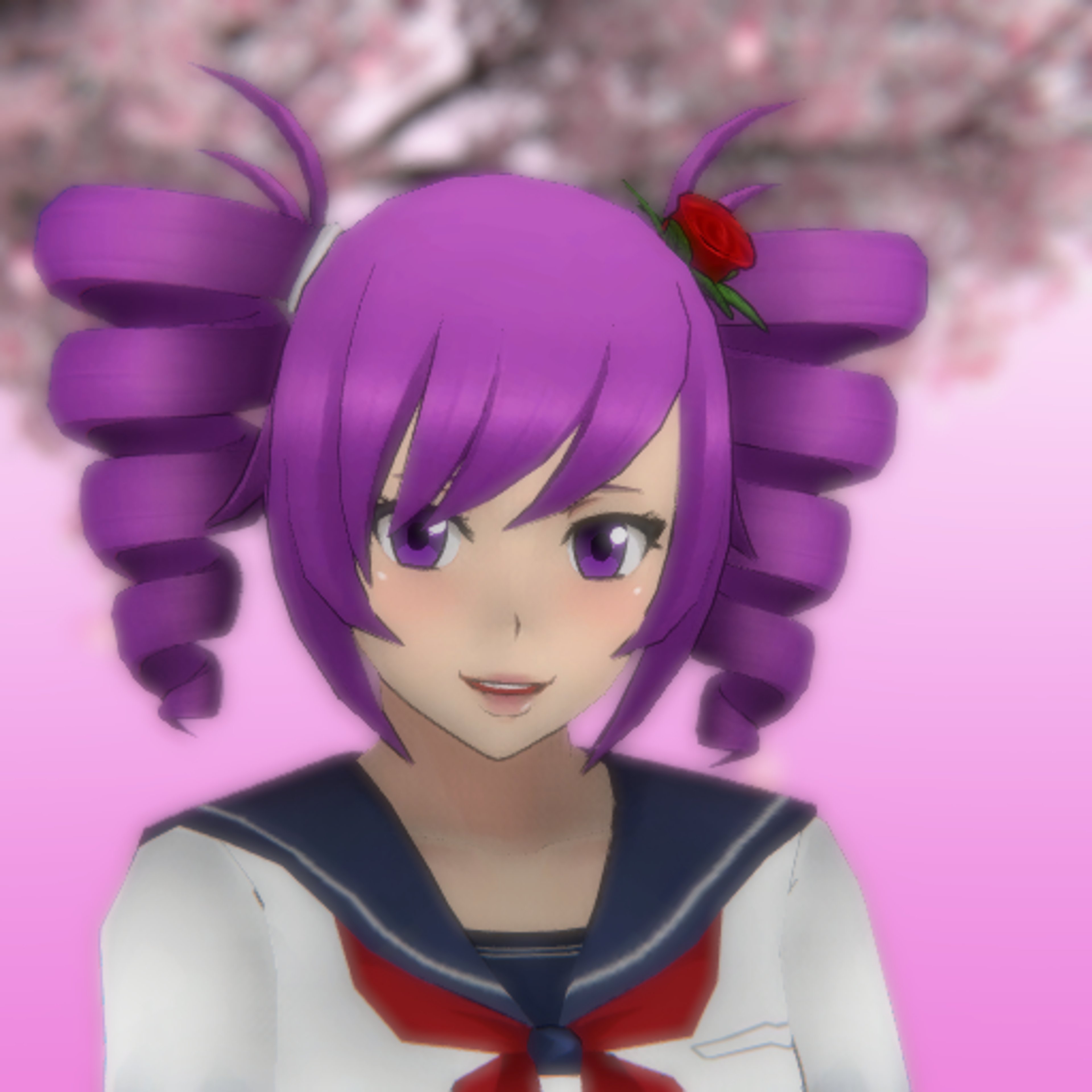 An anime-style character with purple twin-drill hairstyle in a school uniform