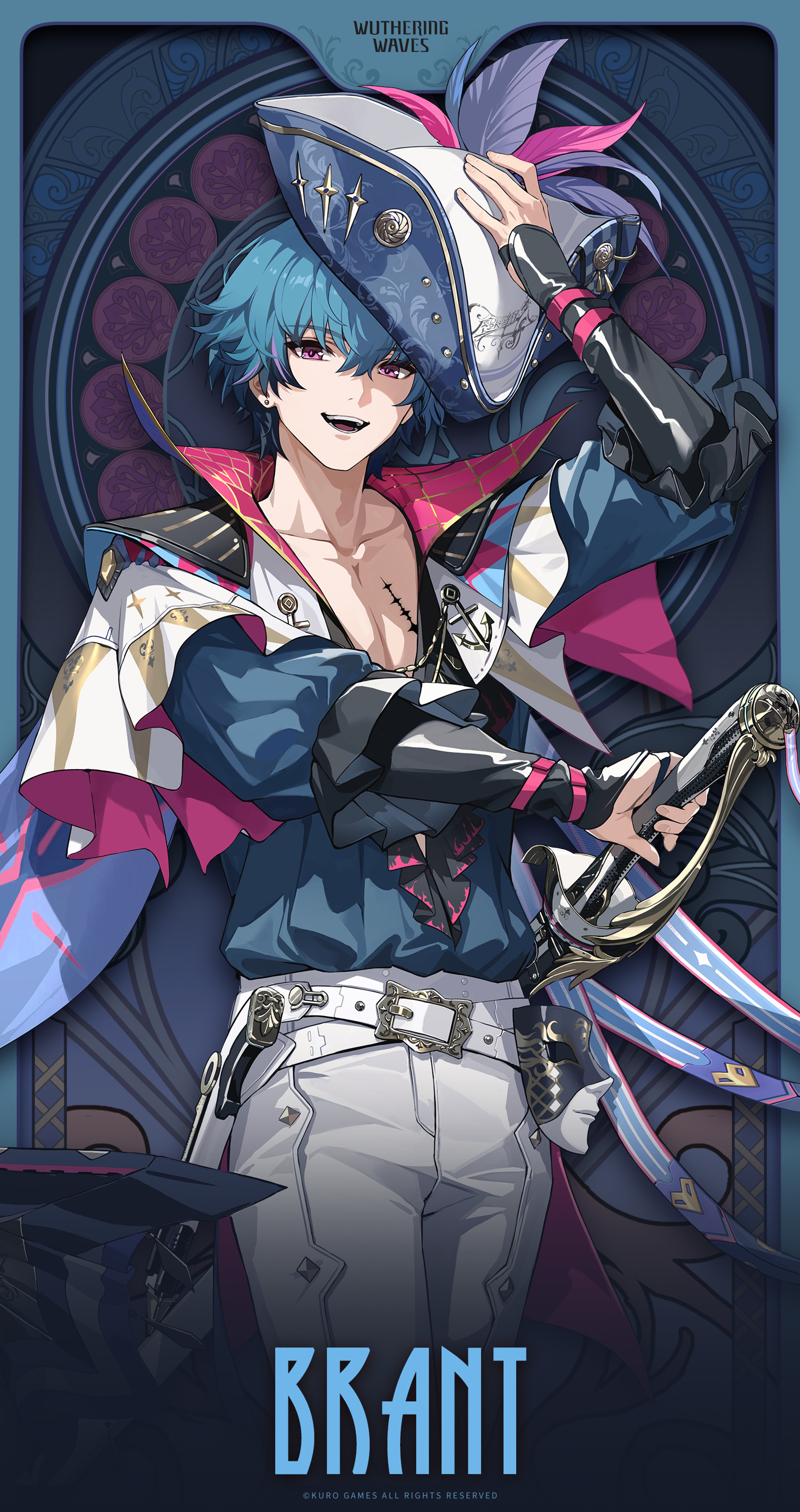 A young man with blue hair wearing a theatrical, military-style outfit and holding a sword in a dramatic pose.