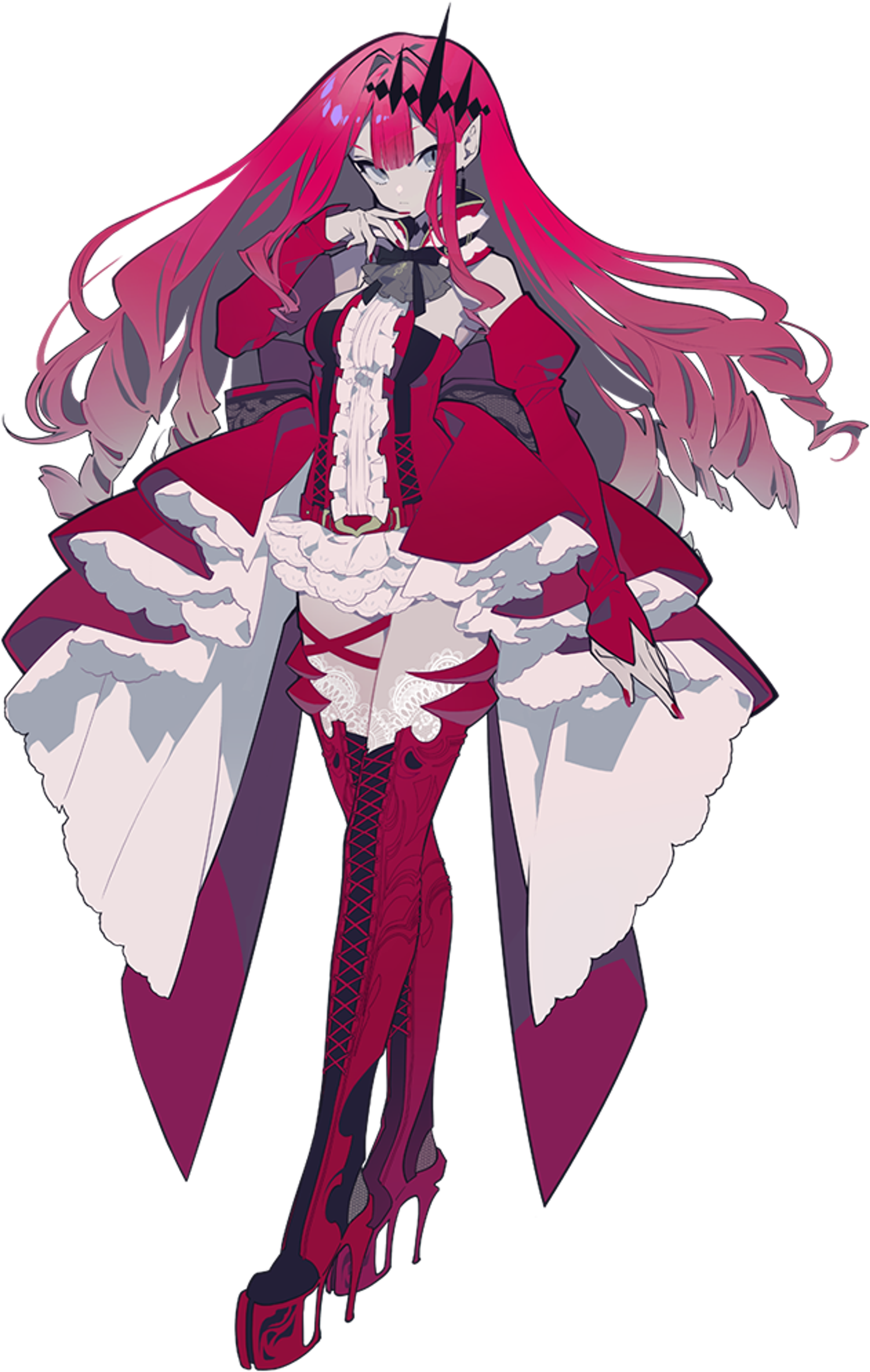 A detailed illustration of an elegant and powerful fairy knight character with long, flowing pink and black hair, wearing a complex gothic-inspired outfit in crimson, black, and white.