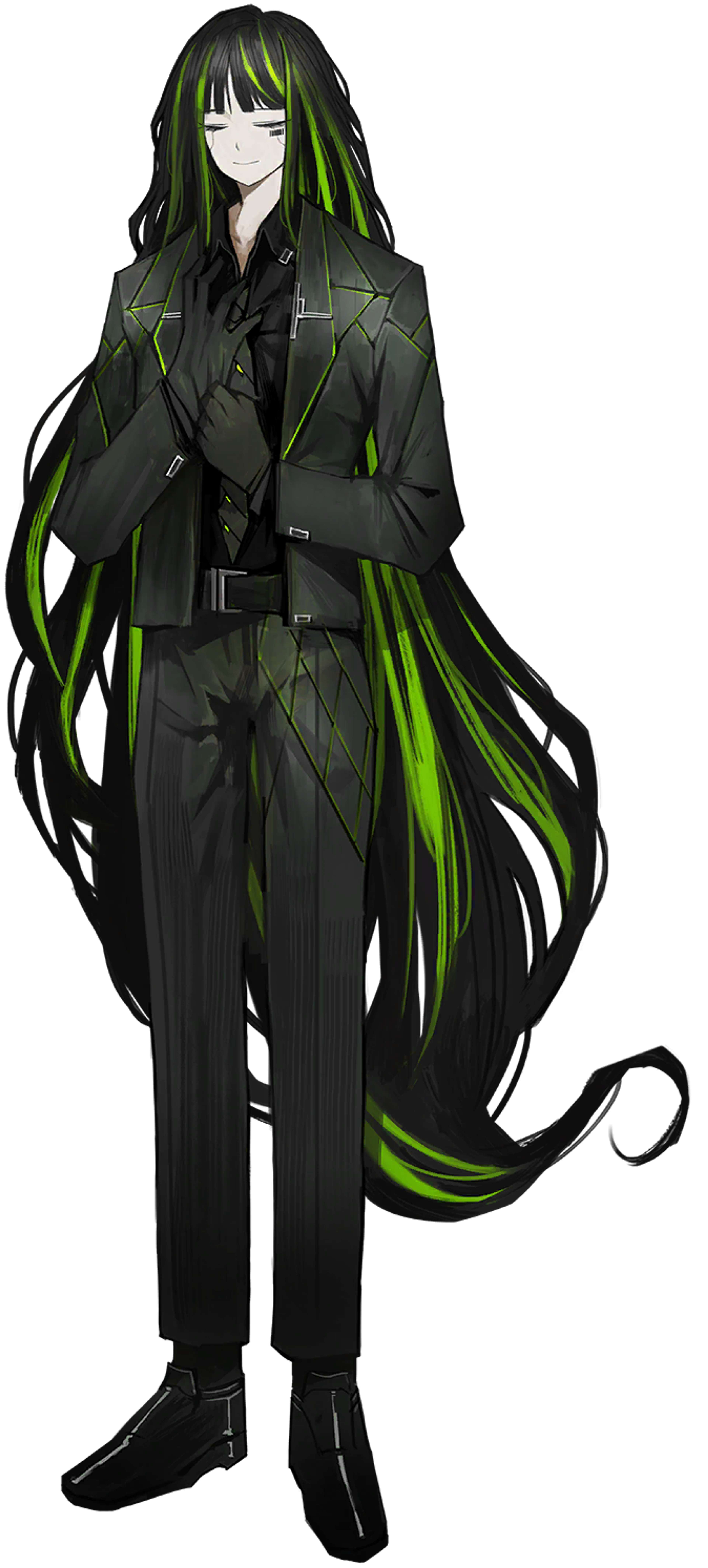 A woman with long black and green hair wearing a black suit with green accents