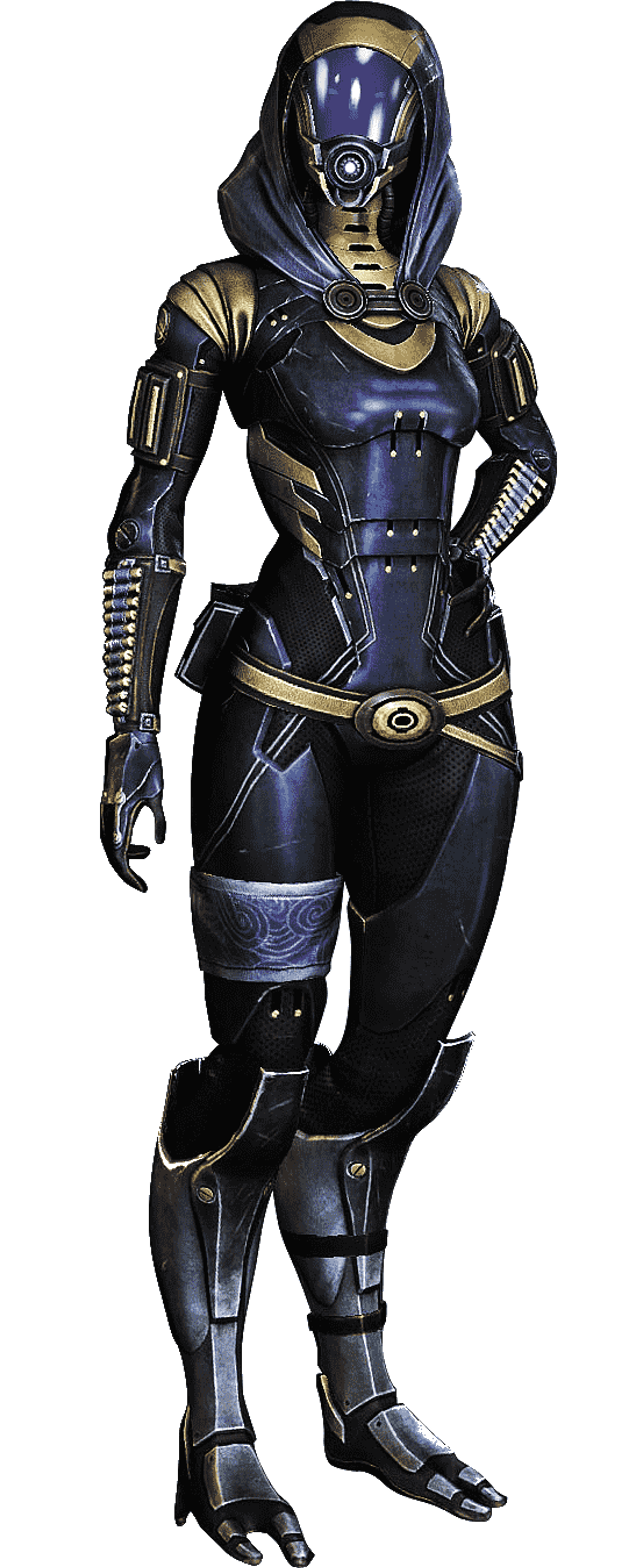 A female character in a black and gold armored suit, in a combat-ready pose.