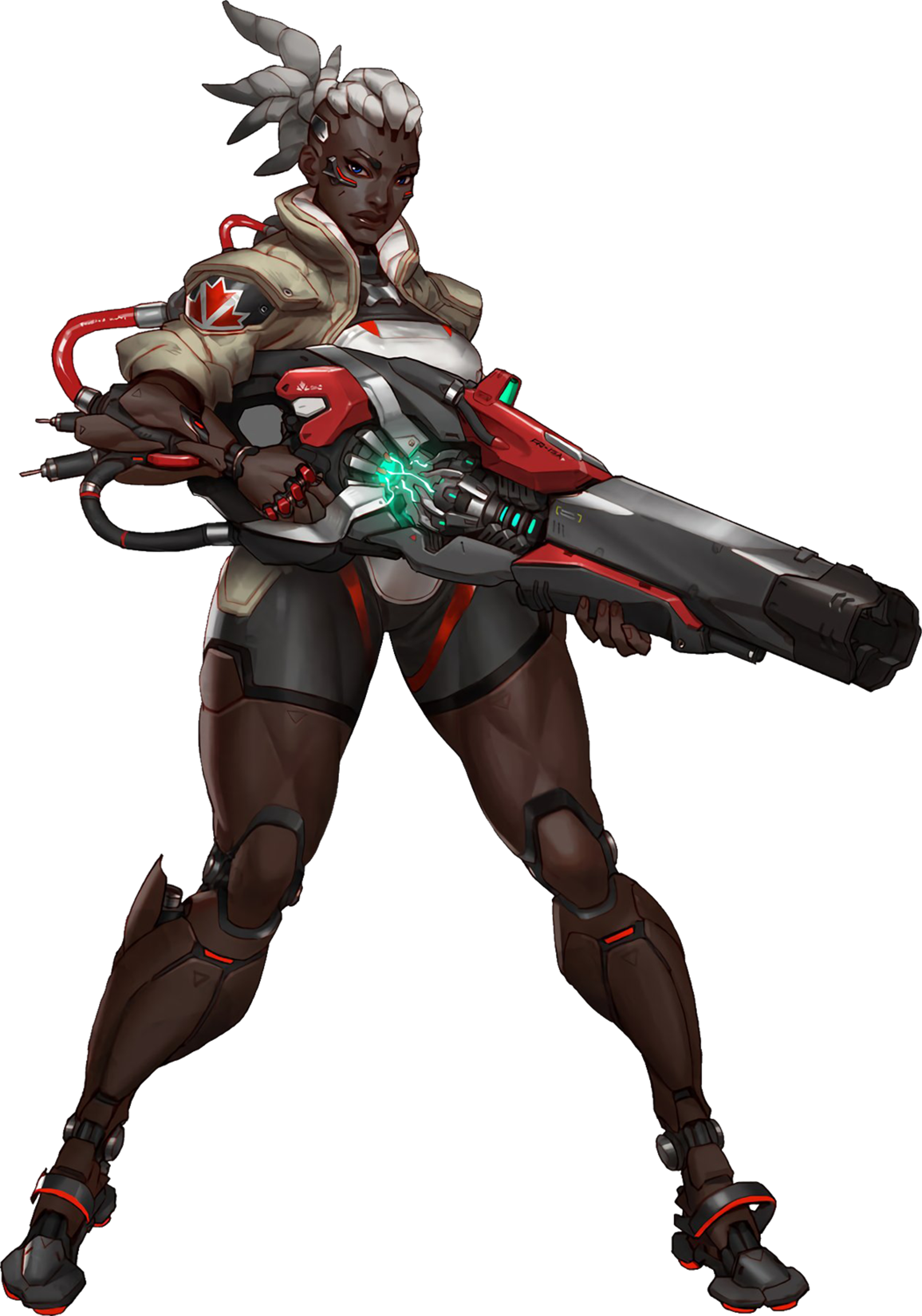 A female cybernetically-enhanced special forces operative wielding a powerful railgun weapon