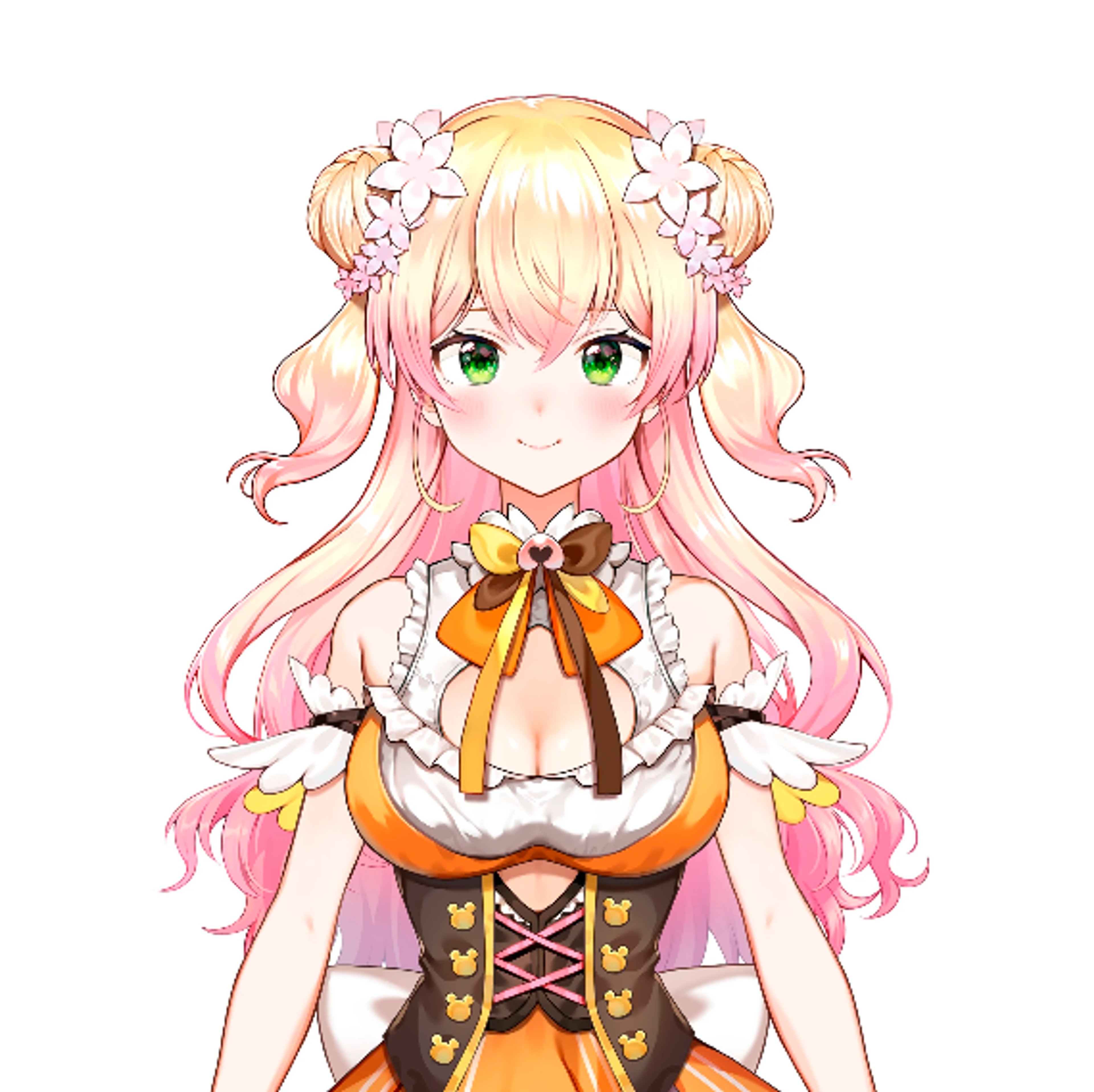 An anime-style character with pink hair and a cheerful expression, wearing a colorful idol-style costume.