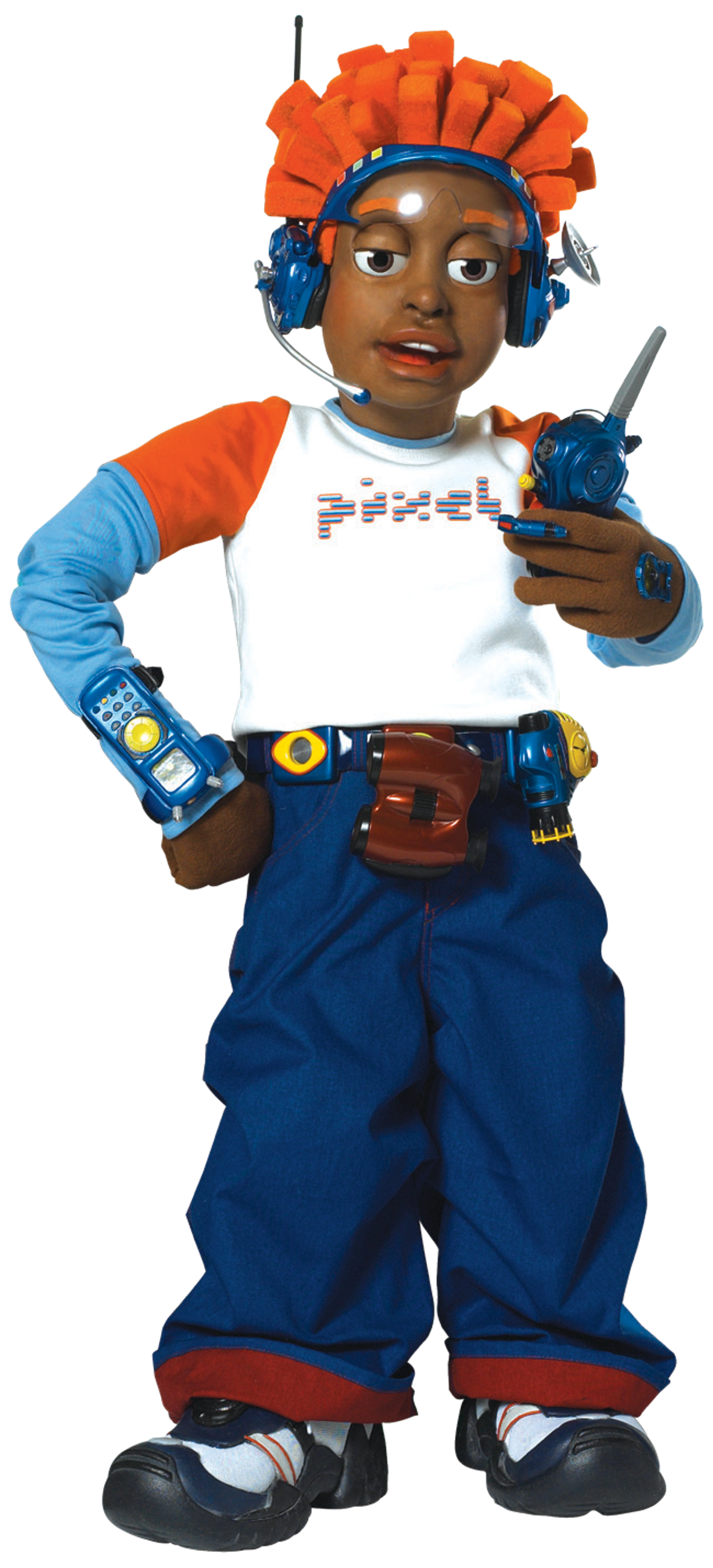 Pixel from LazyTown, a computer genius with orange hair and tech accessories