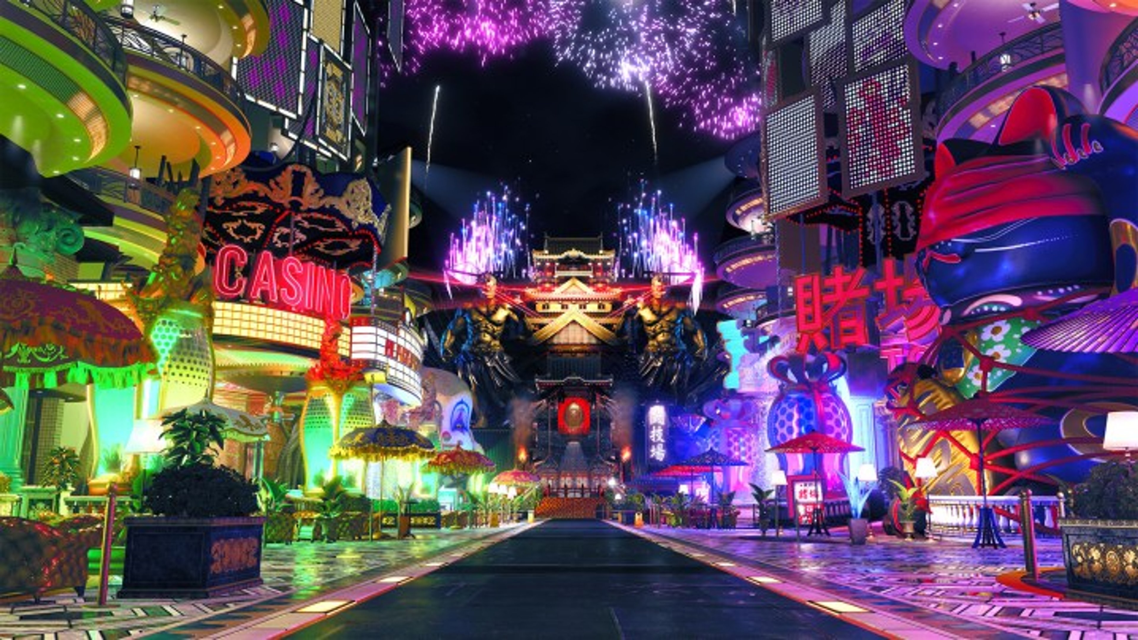 A fantastical floating city or castle with neon-lit buildings and Asian-inspired architecture.