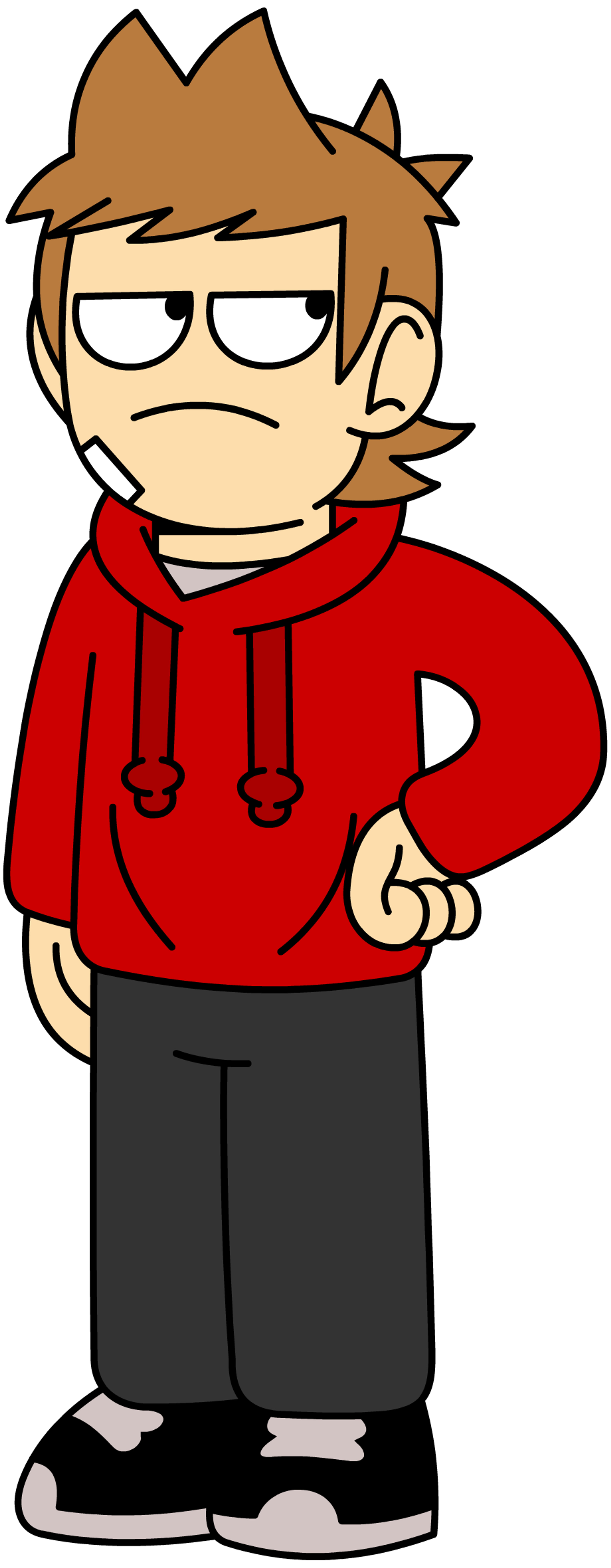 A cartoon character with a red hoodie and brown hair