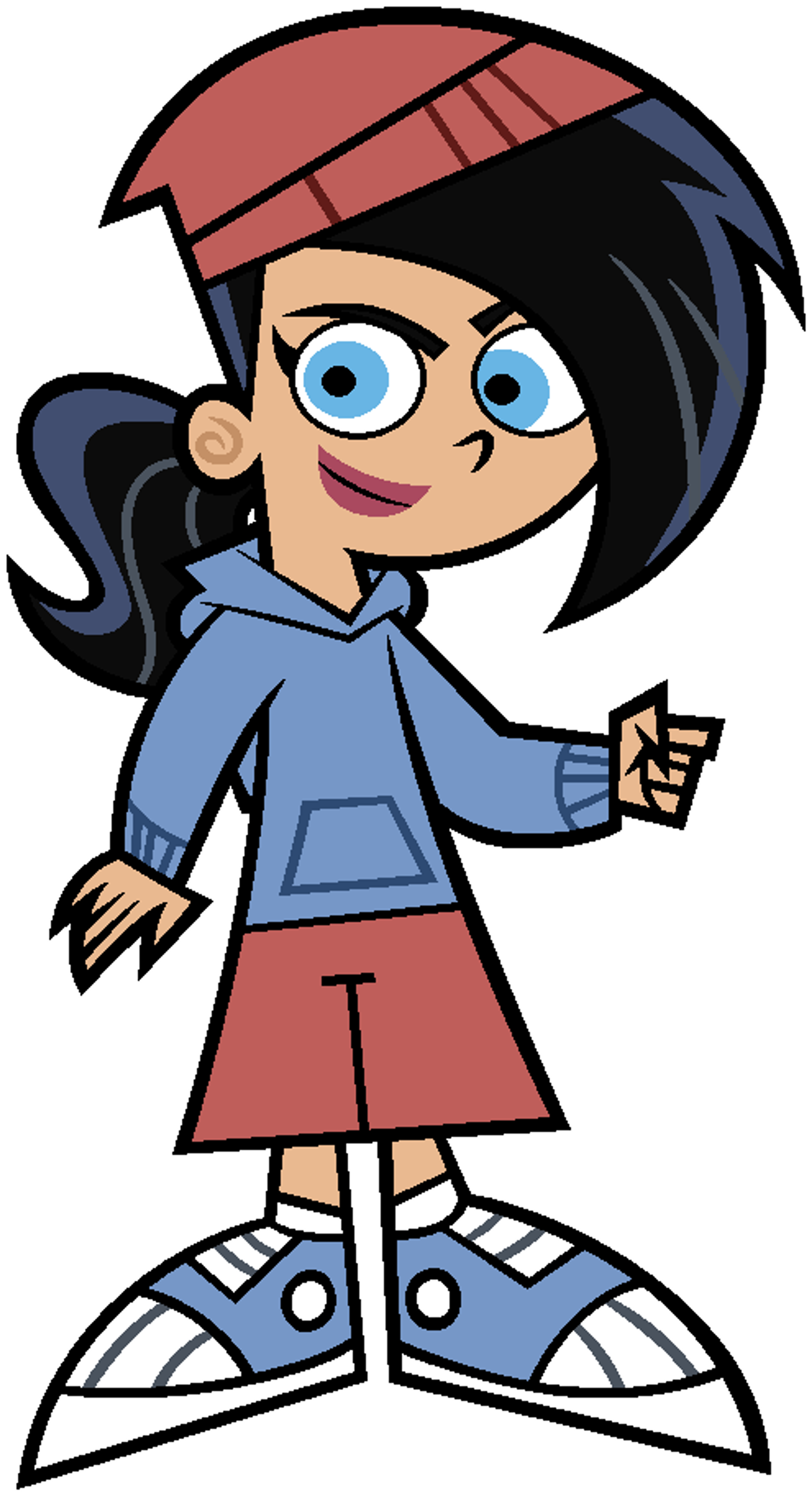 A cartoon character of a young woman with black hair in a ponytail, wearing a blue shirt, red skirt, and blue sneakers.
