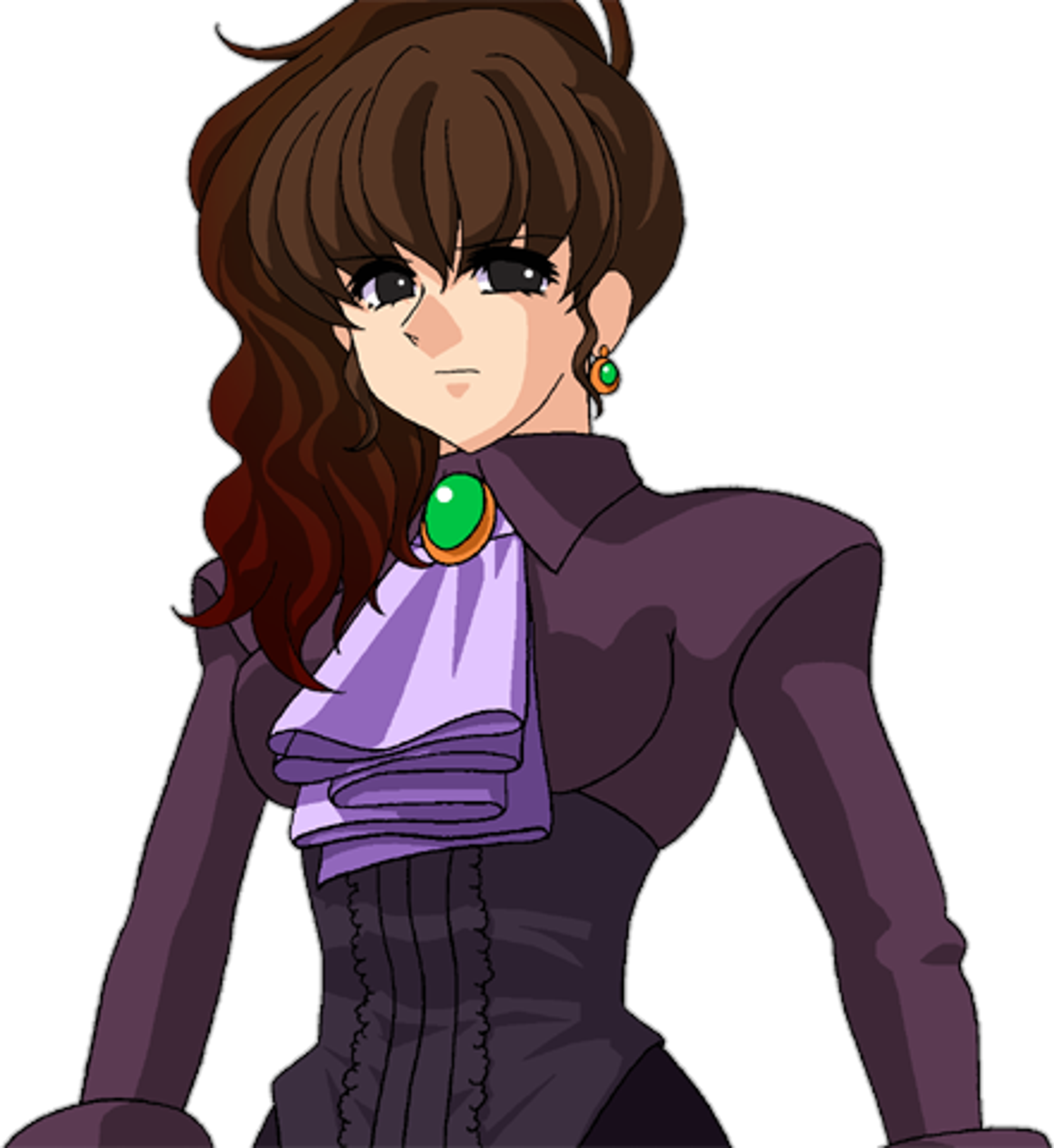 A middle-aged woman with dark hair in a side ponytail, wearing a purple outfit with a high collar