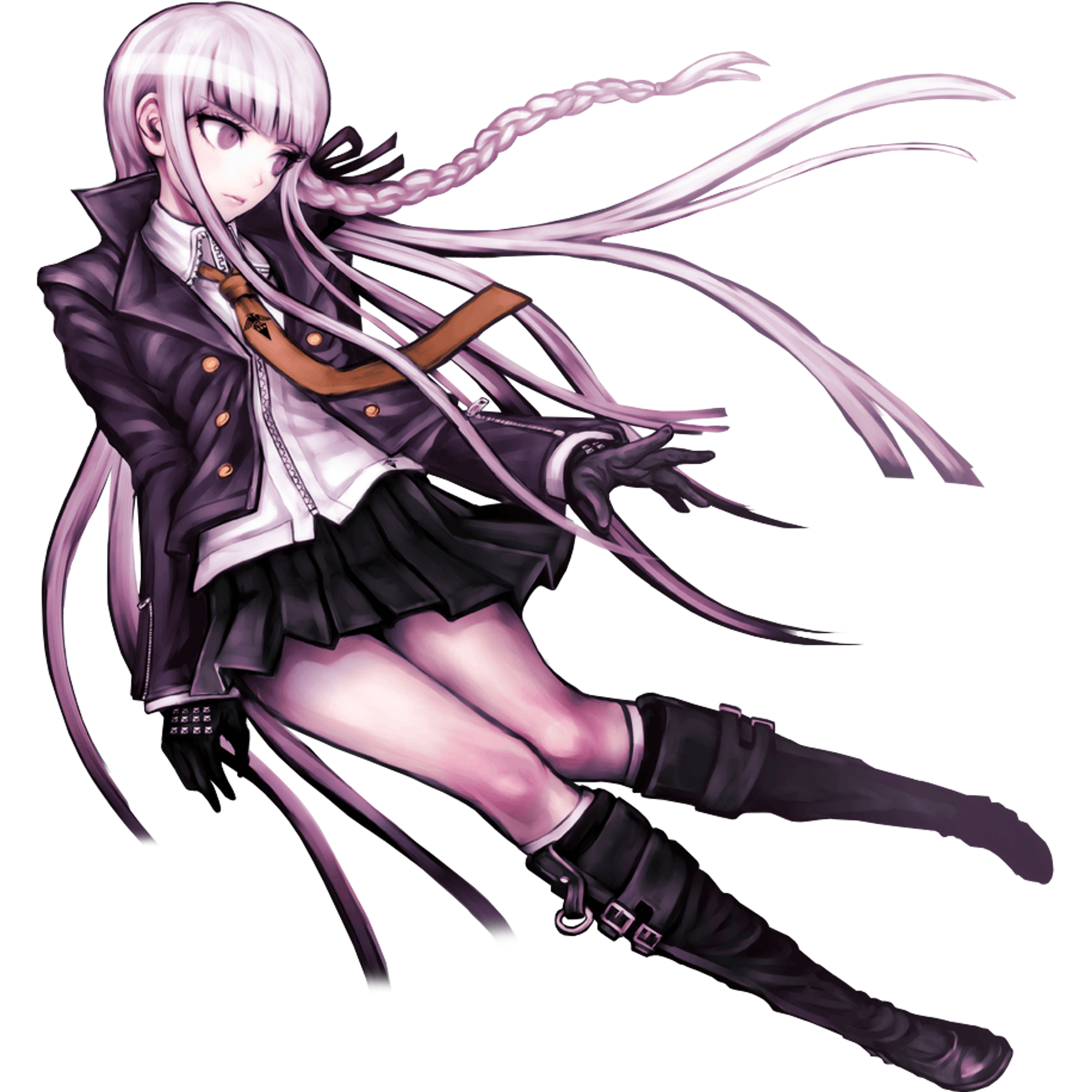 A young woman with purple hair and red eyes wearing a black jacket and skirt, holding a weapon or tool.