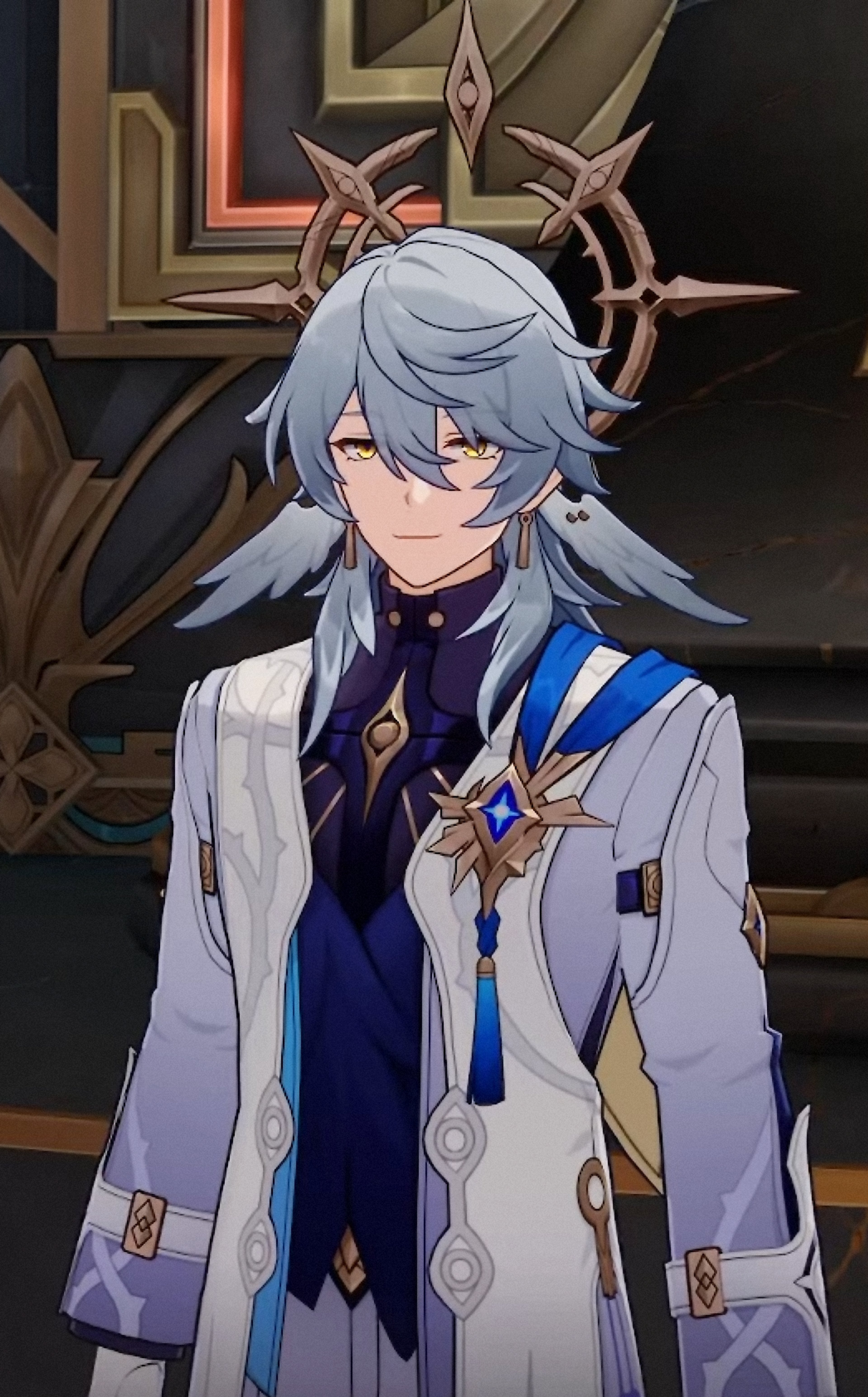 A character with long, silver-blue hair wearing an ornate white and blue outfit