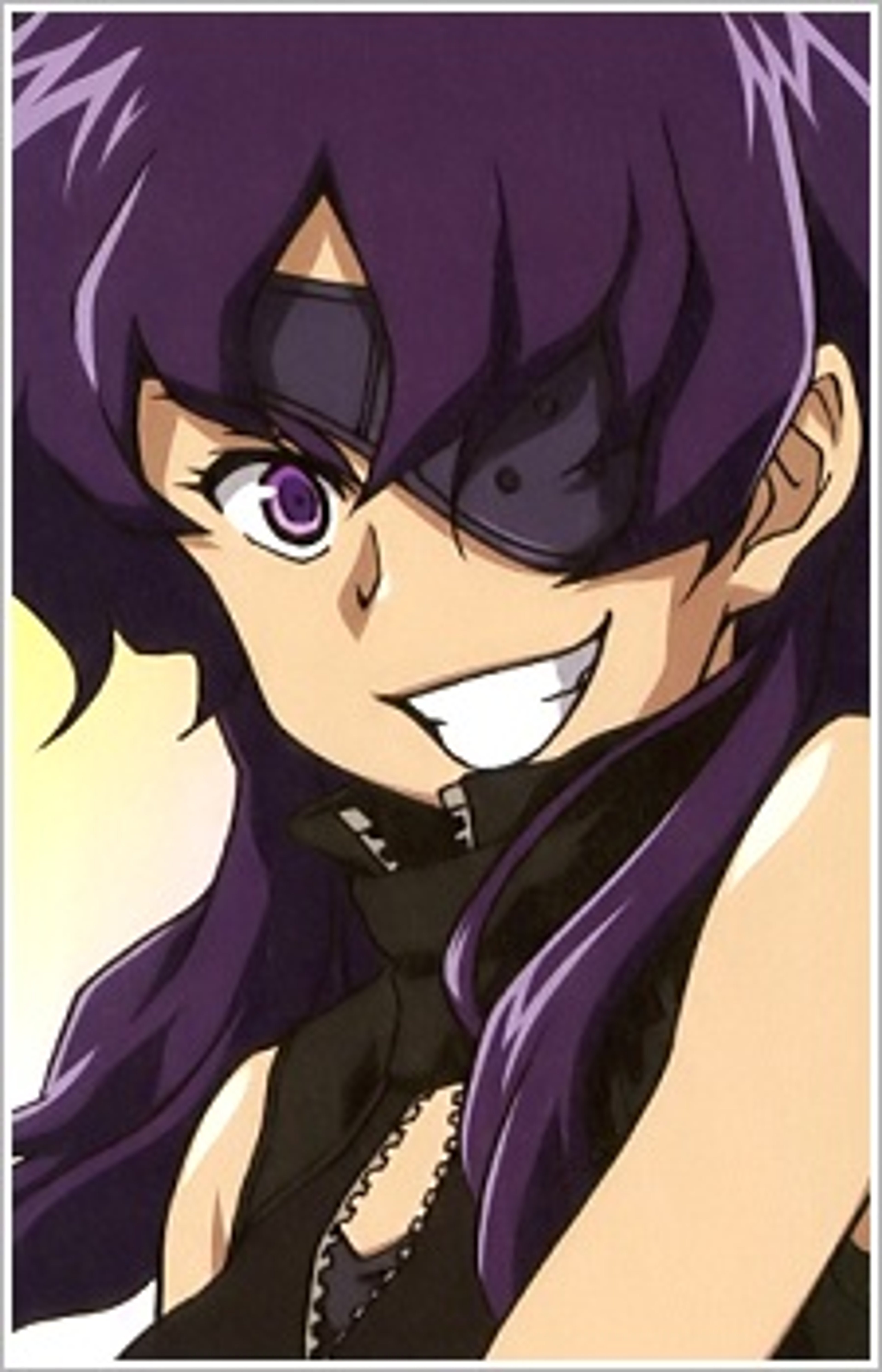A young woman with dark purple hair and eyes, wearing a black outfit with chains and accessories, has a determined and slightly sinister expression on her face.
