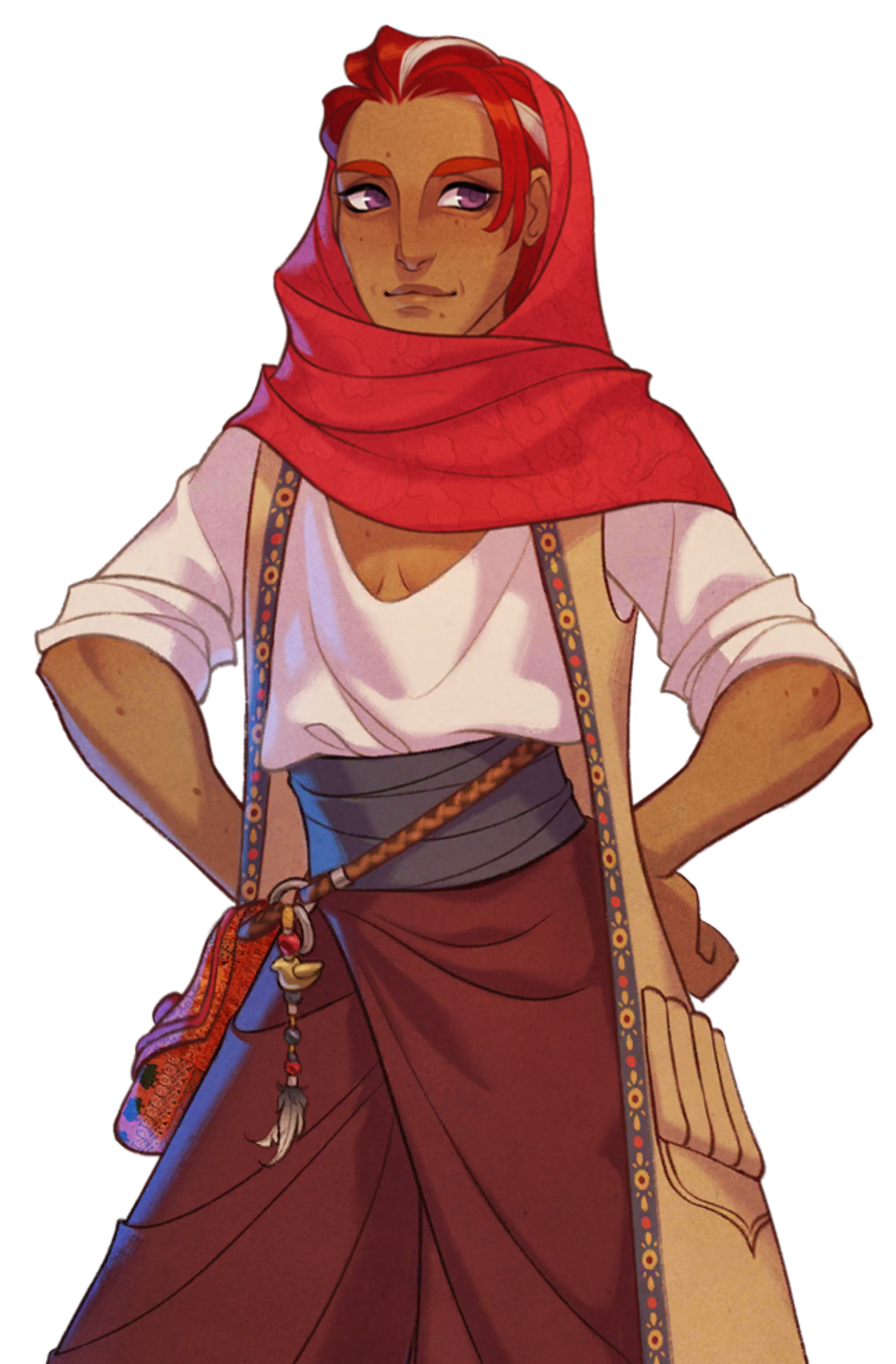 A detailed illustration of a character with medium brown skin, violet eyes, and short red hair streaked with grey, wearing a red shawl, a deep-necked shirt, and a distinctive orange patchwork waist-pouch.