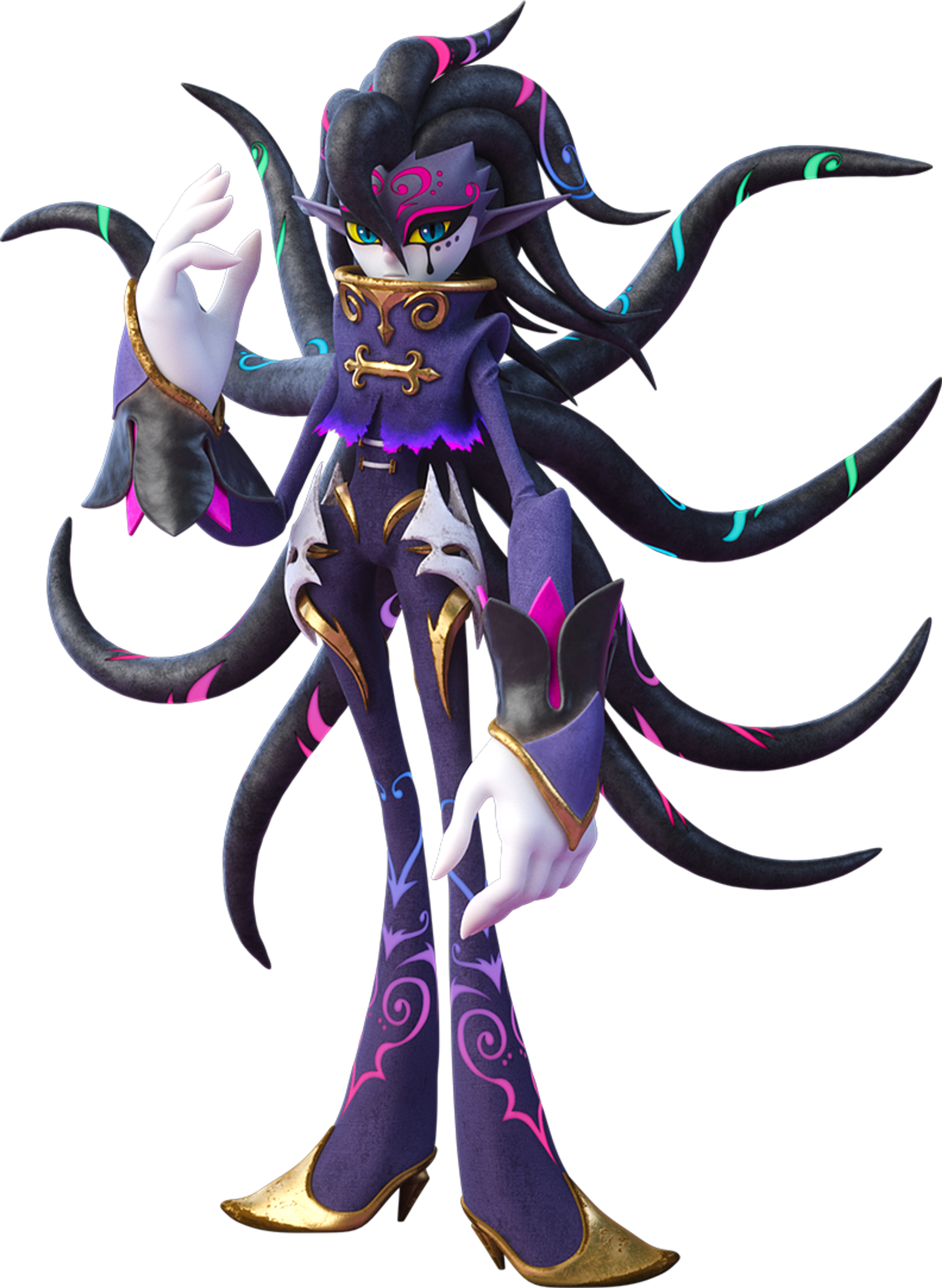 A detailed image of the character Lance from Wonderworld, a tall, slender figure with elf-like ears, black hair with rainbow markings, and a dark violet outfit with distinctive facial markings.