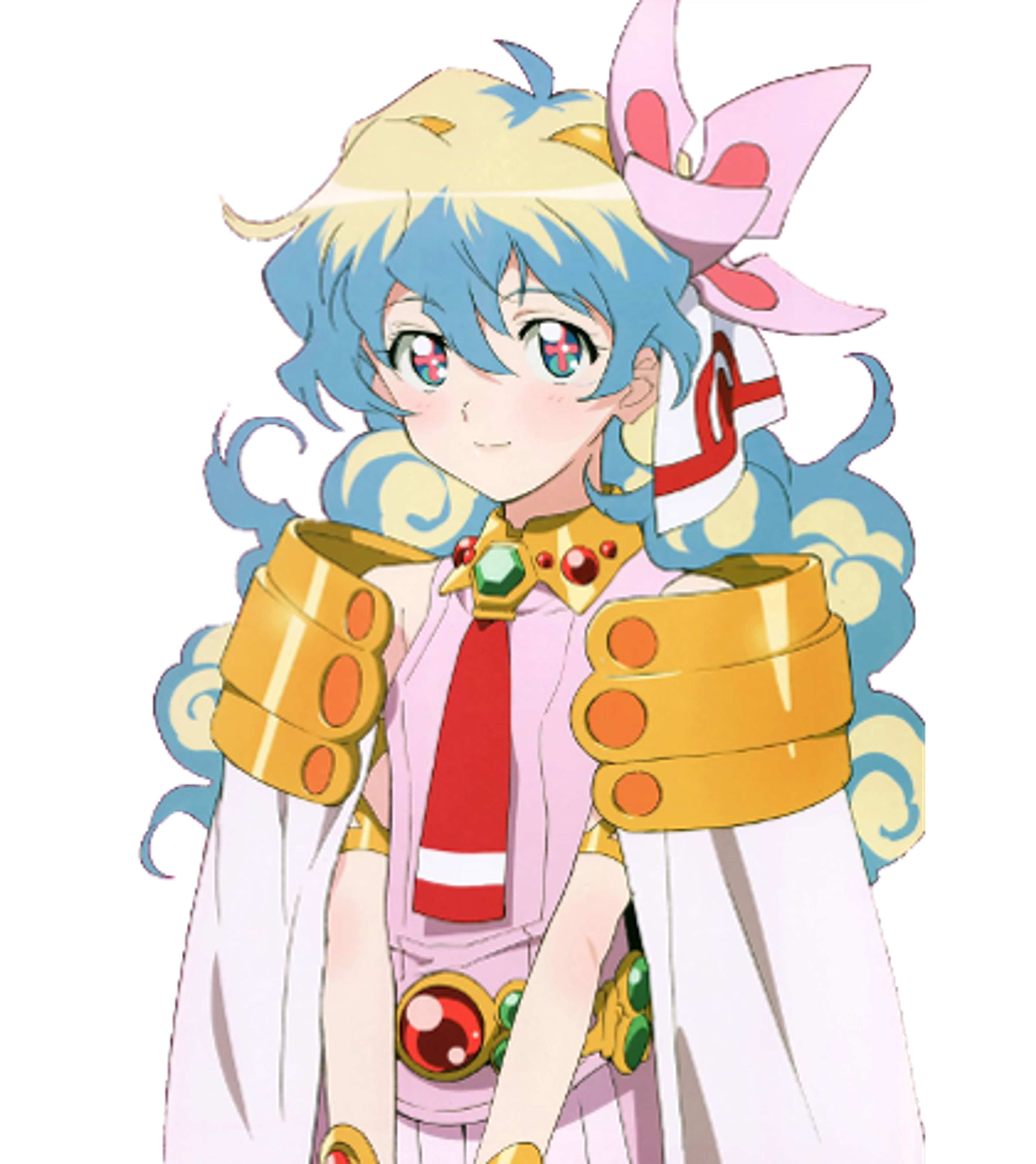 An anime-style character with light-colored hair and a colorful, ornate outfit