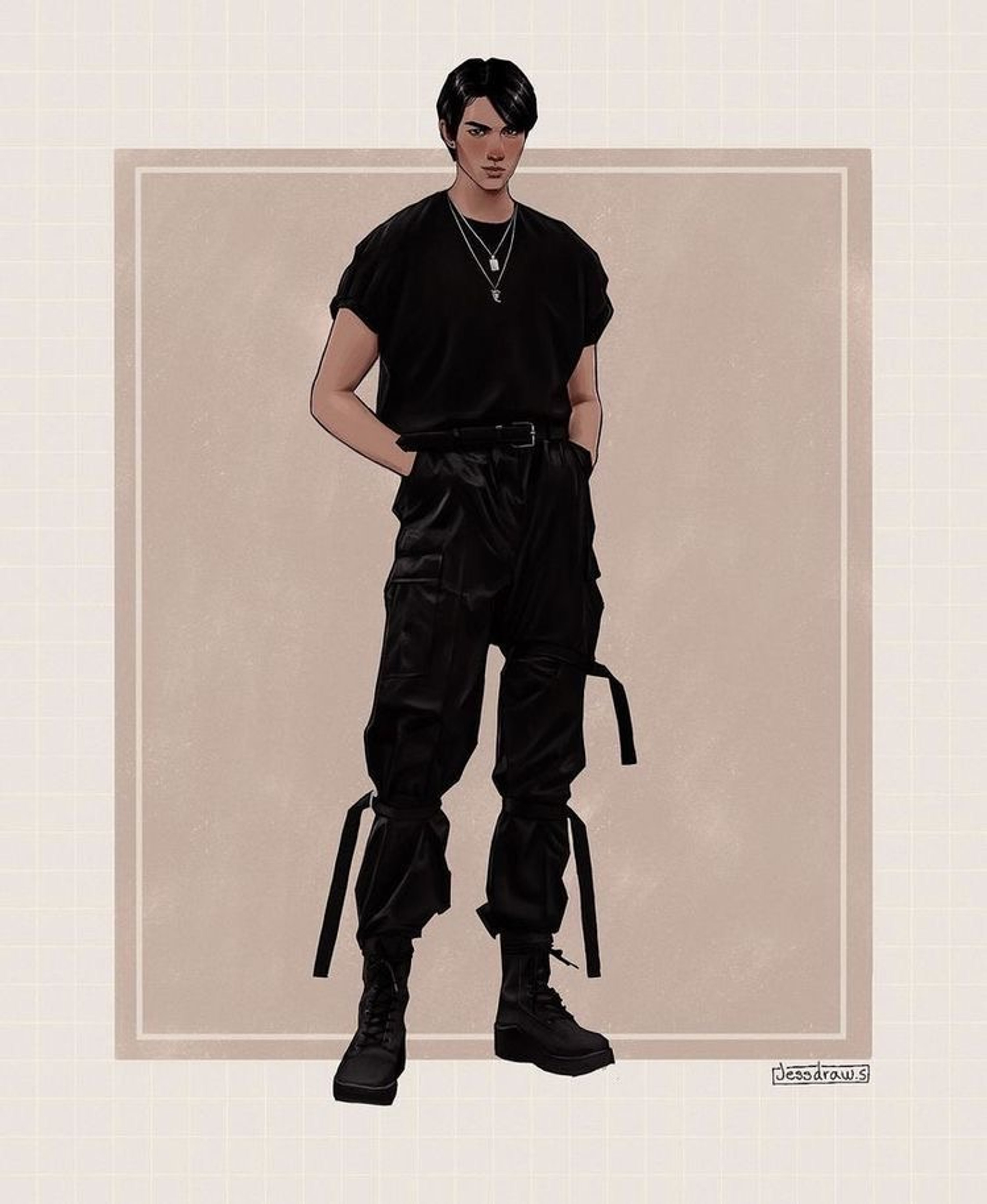 A young man in a black military-style outfit standing in a dramatic pose