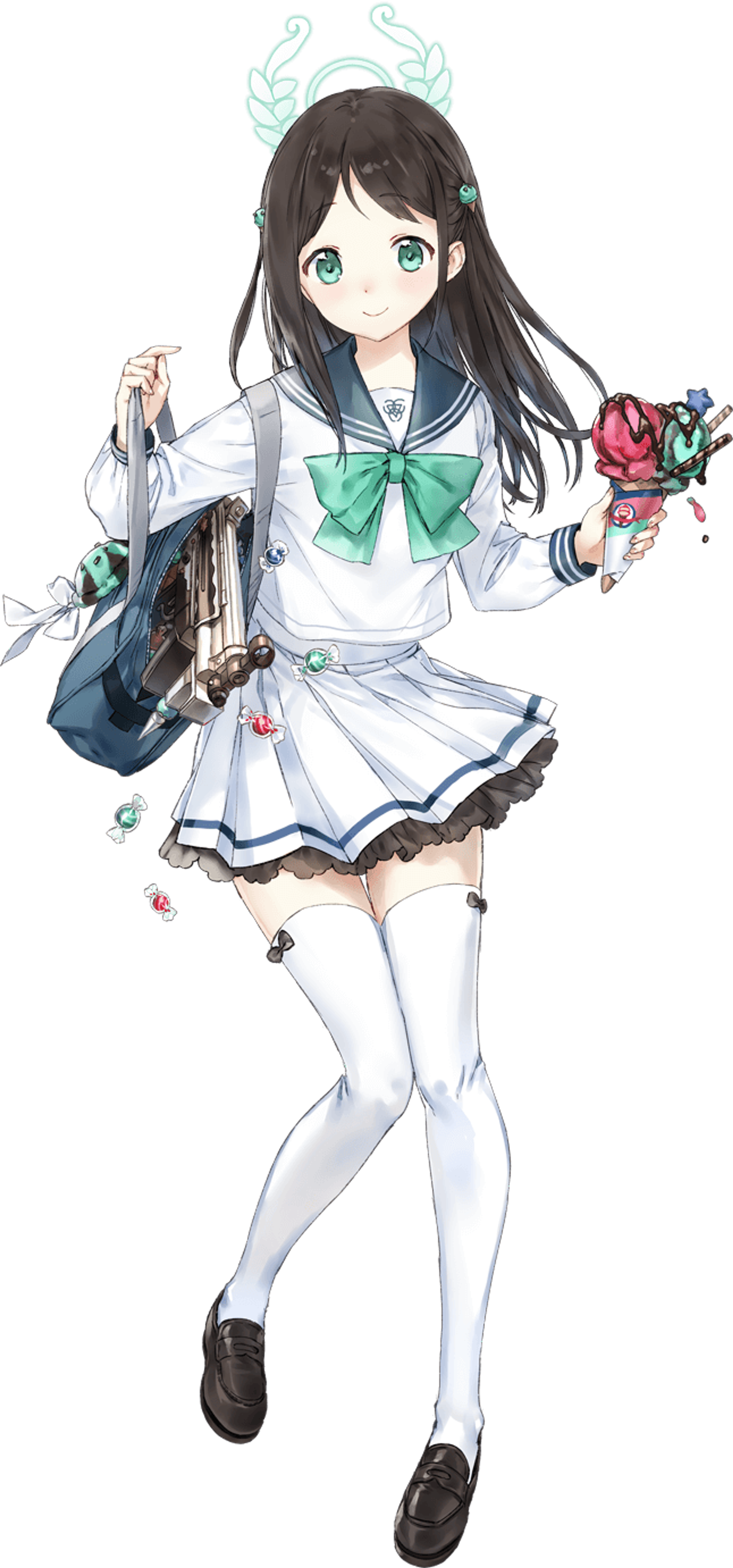 An anime-style character in a school uniform holding flowers