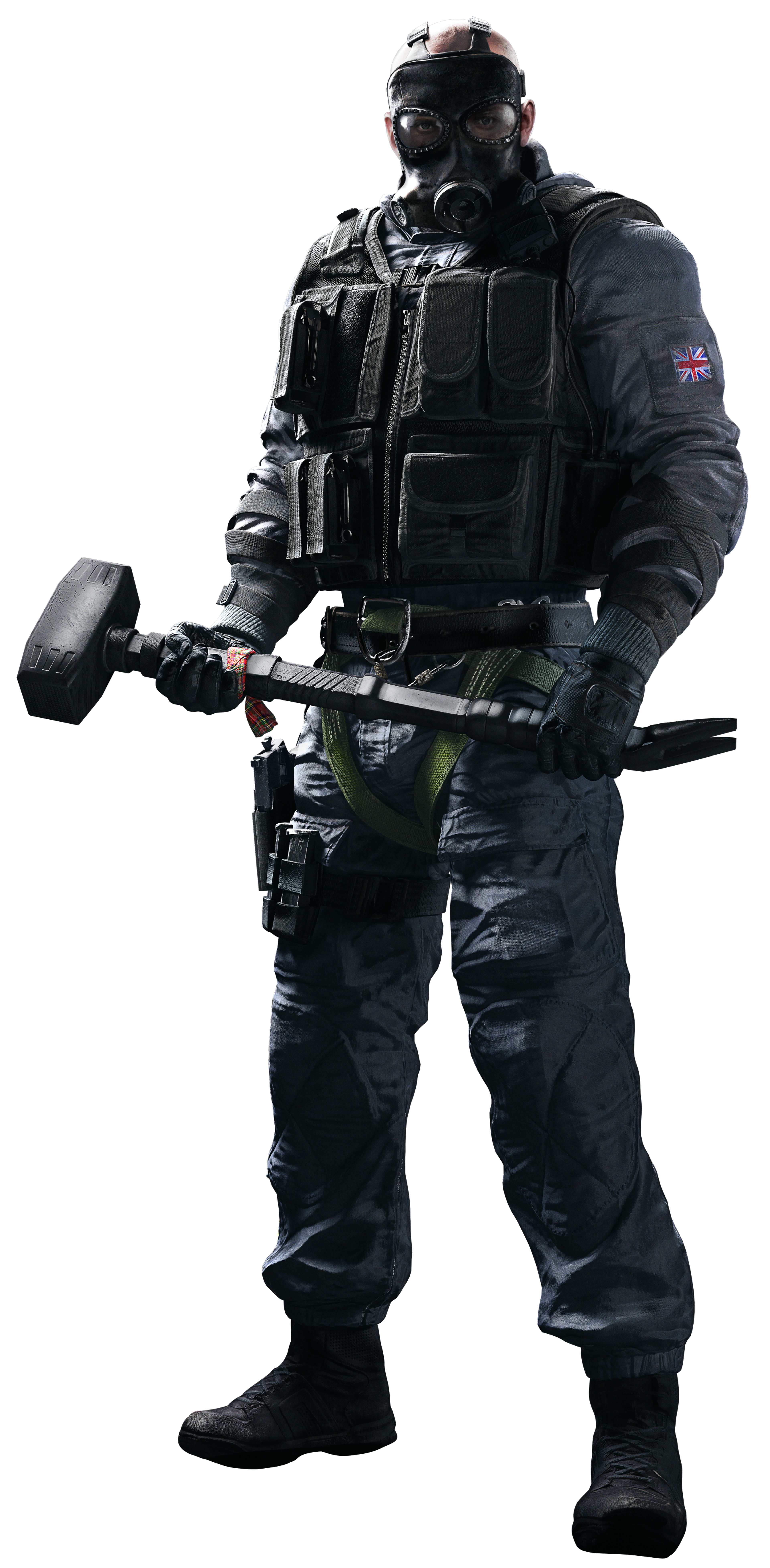 A heavily armed and armored military operator holding a large sledgehammer-like weapon