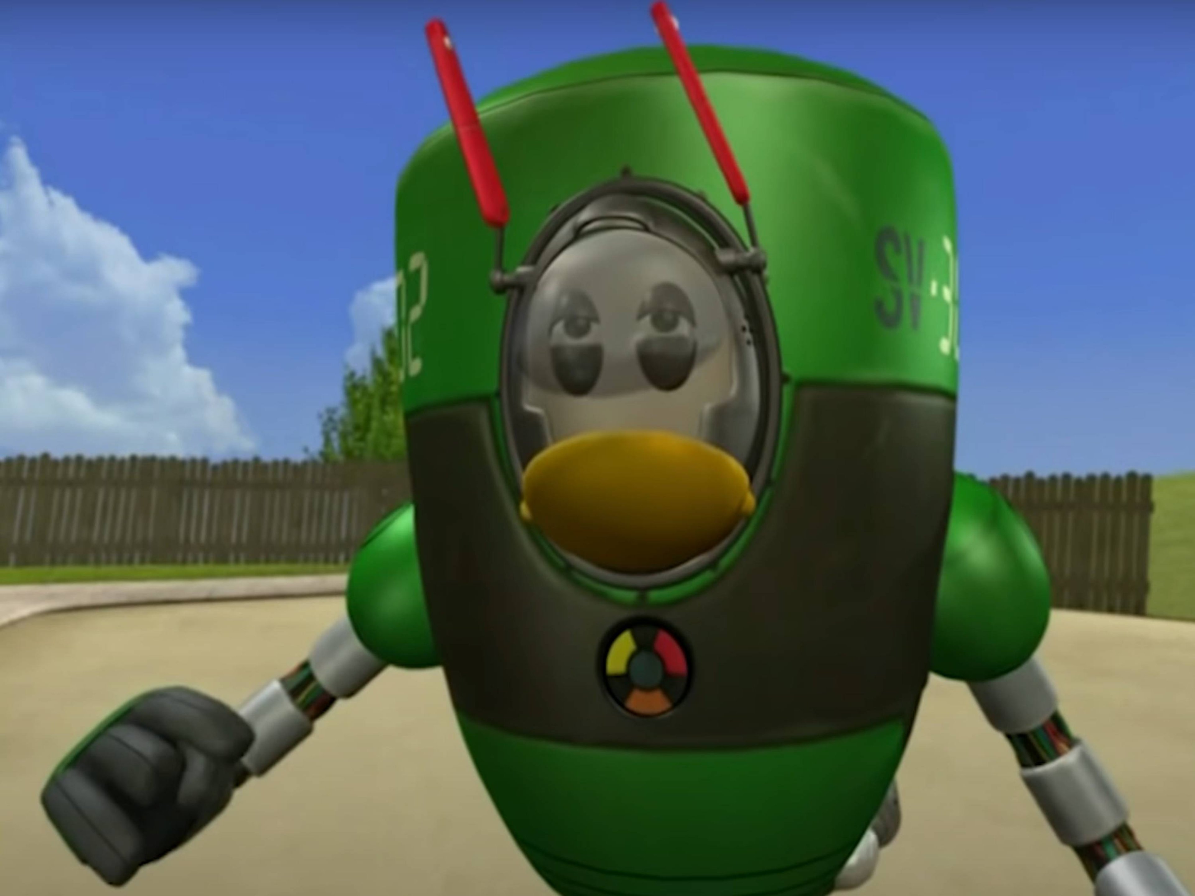 A green, bulb-shaped robot with red feet and enhanced electrical abilities