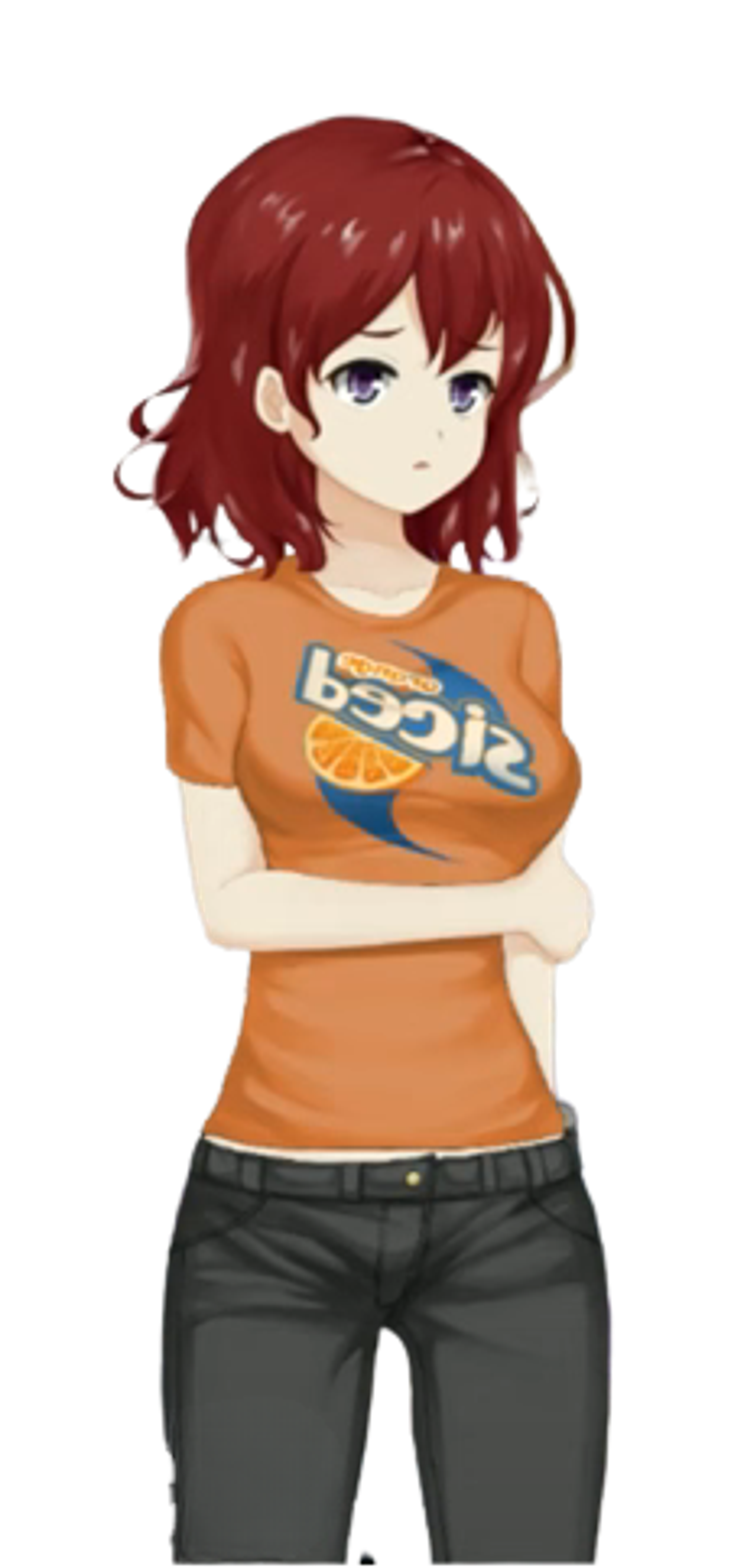 A young teenage girl with short red hair wearing an orange shirt and jeans