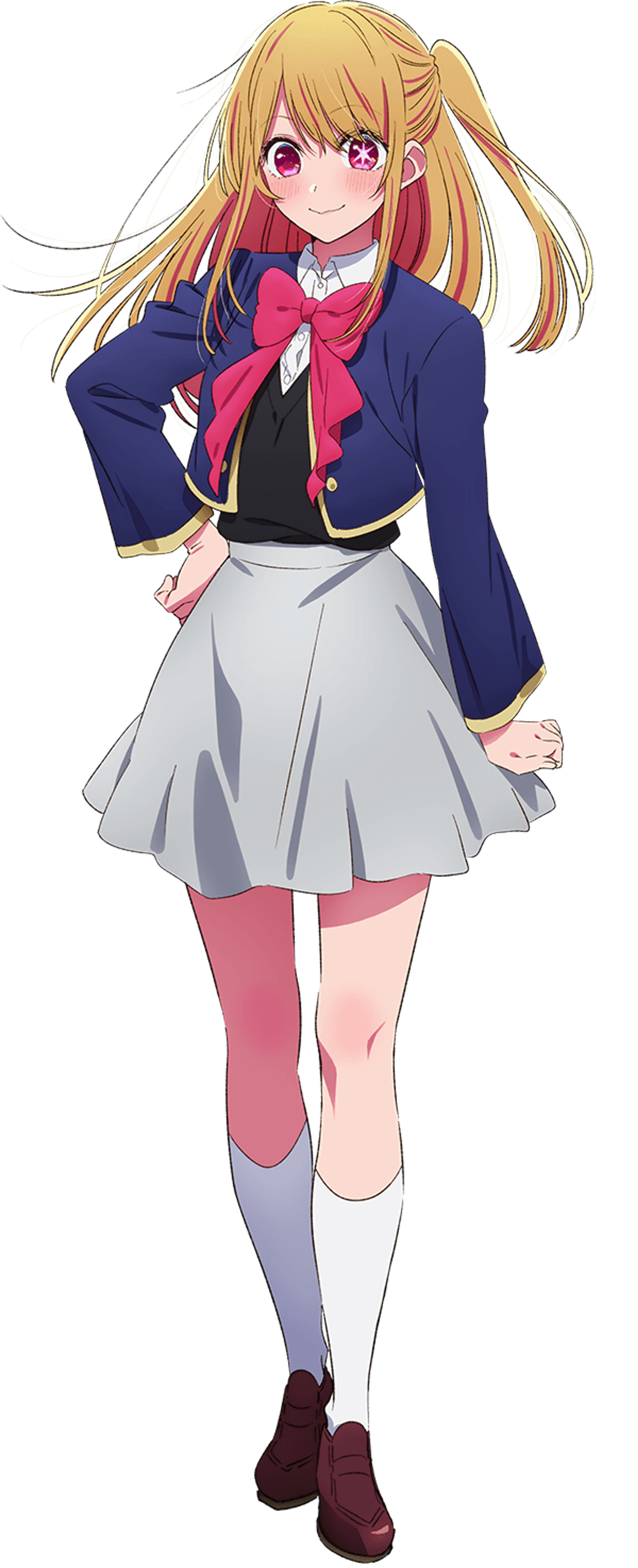 An anime-style girl in a school uniform with long blonde hair and pink eyes