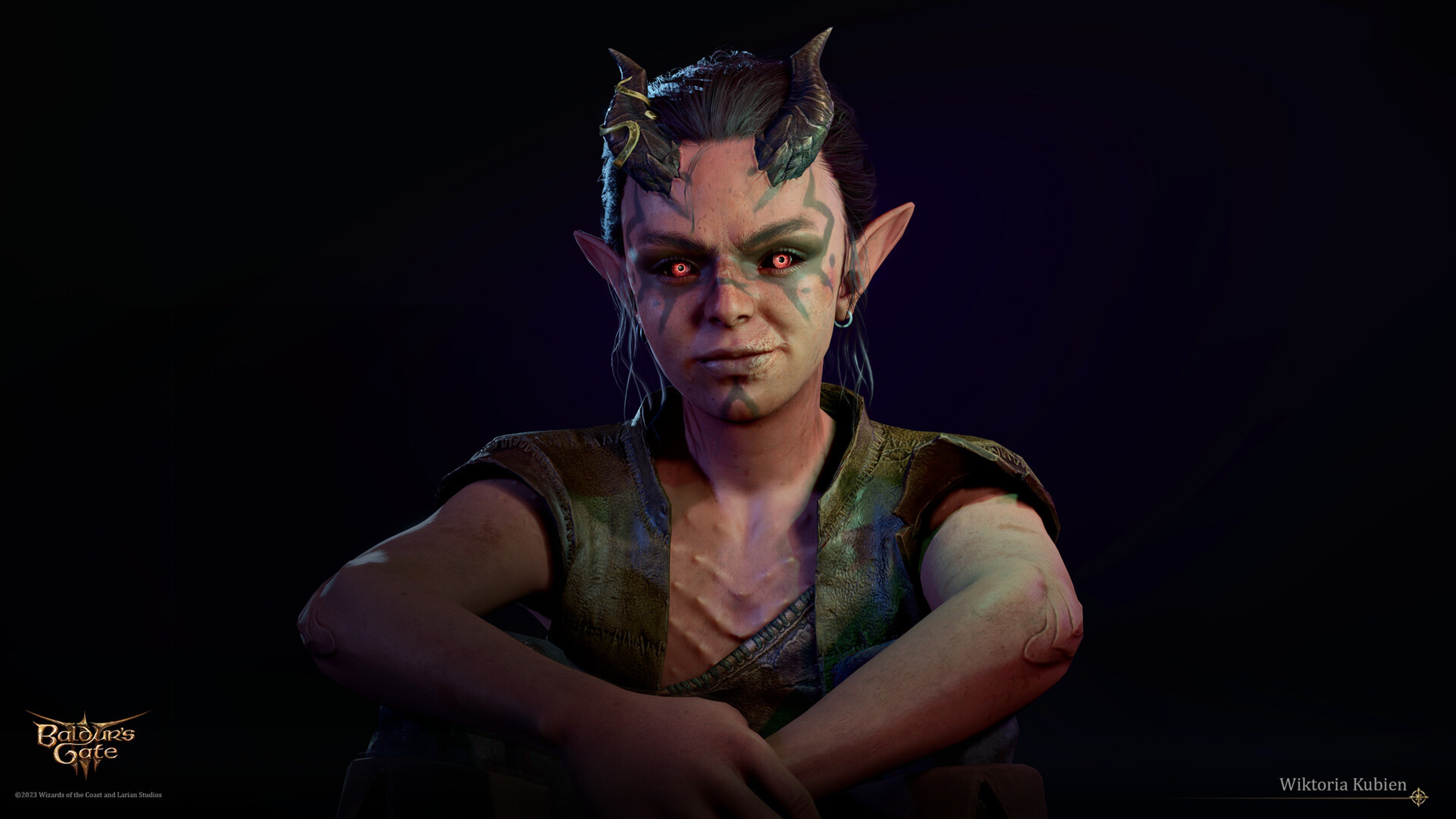 A young tiefling woman with red skin, horns, and distinctive facial markings