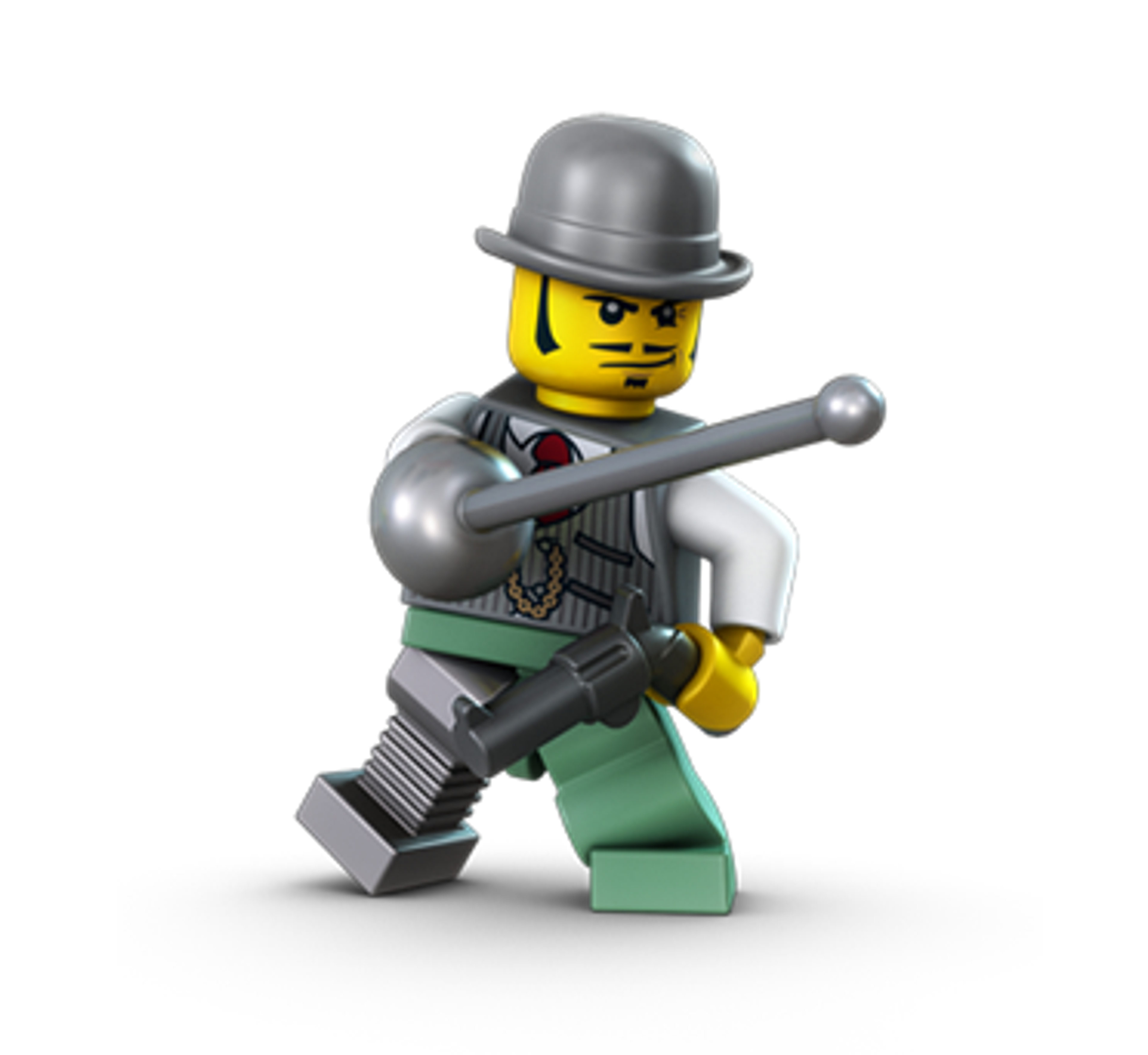 A LEGO minifigure of a man with a robotic leg, wearing a green outfit, a bowler hat, and holding a weapon.