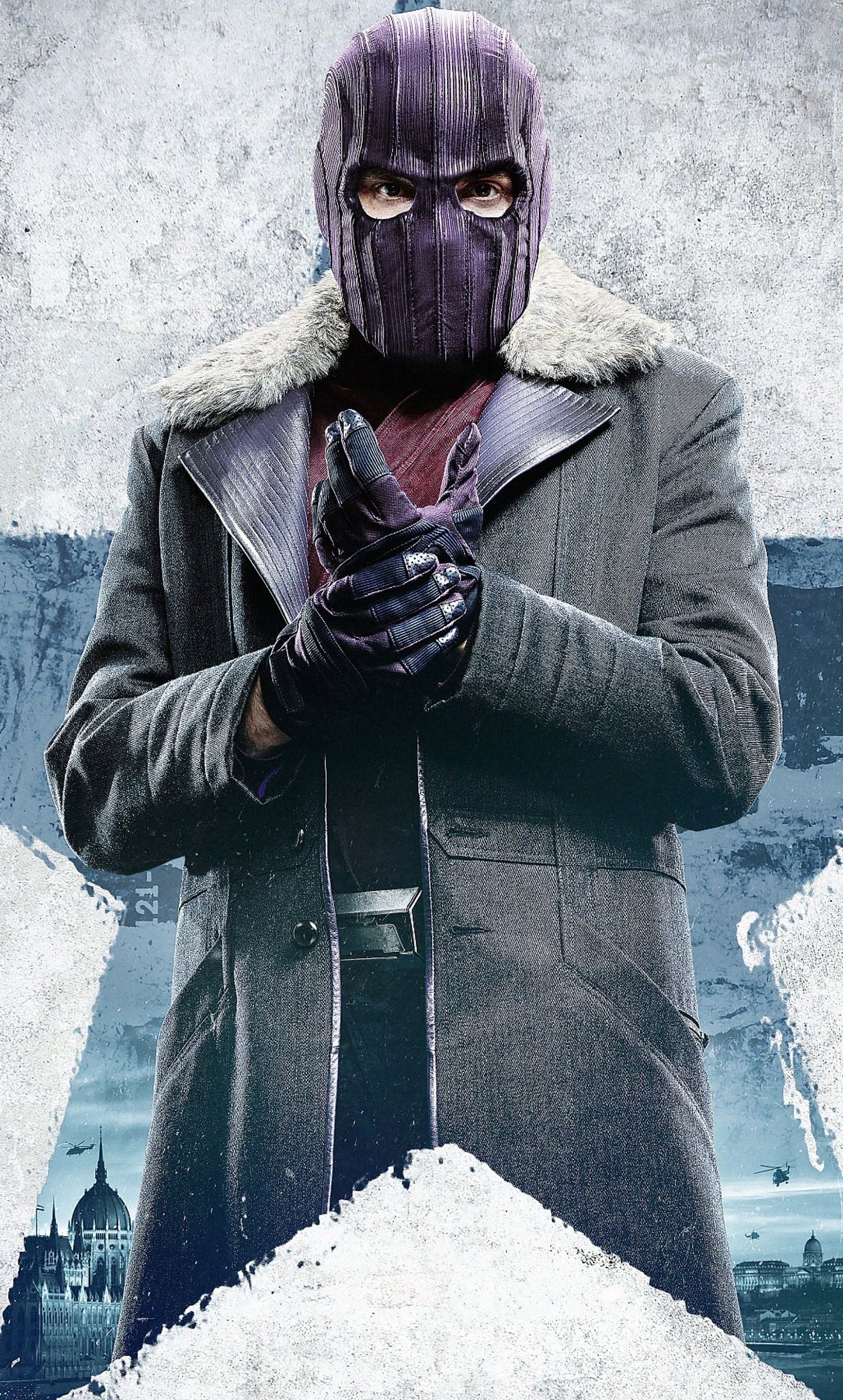 A man in a dark gray coat with a purple mask covering his face