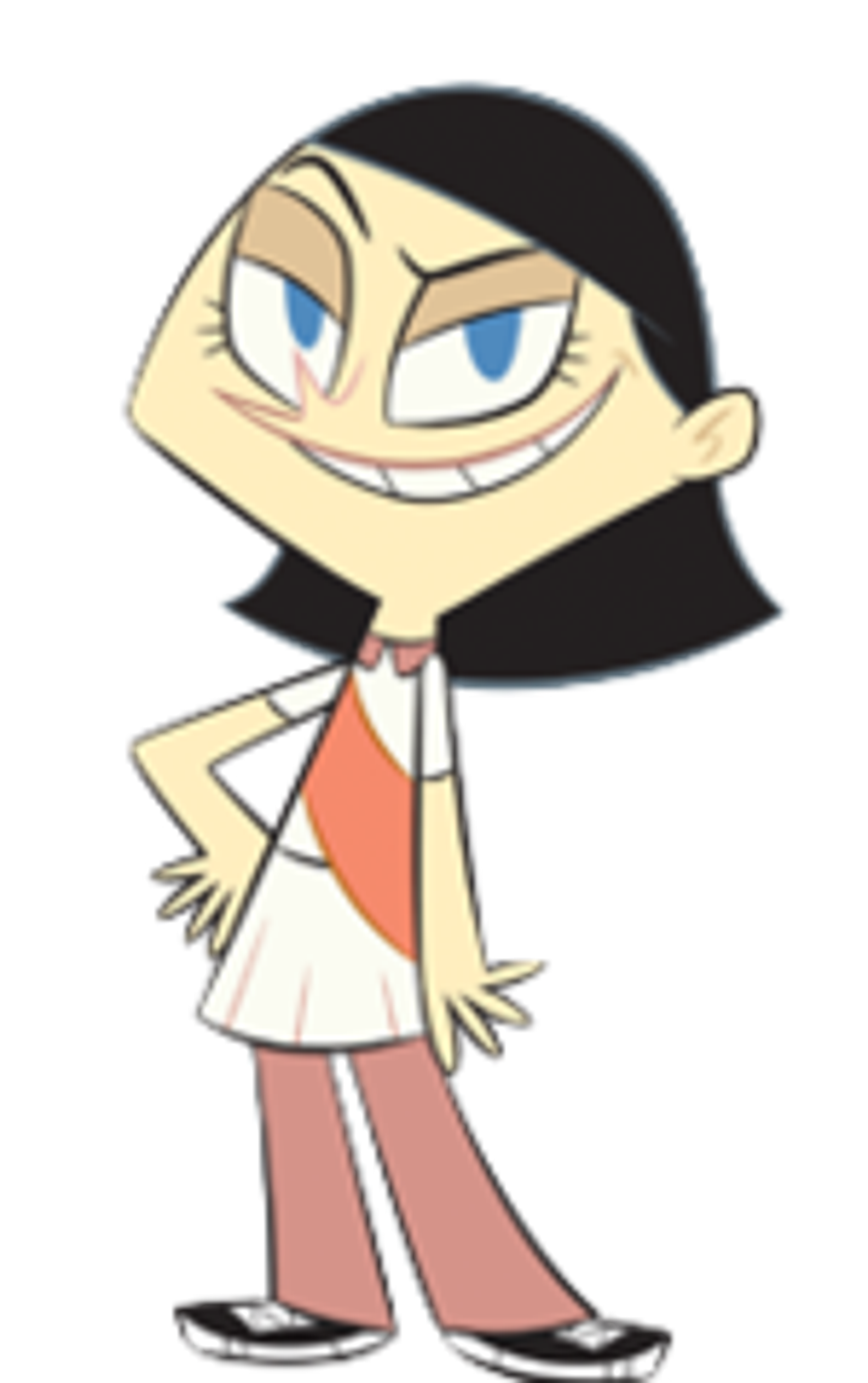 An animated character with black hair and purple highlights, wearing a red shirt or dress and looking confident.