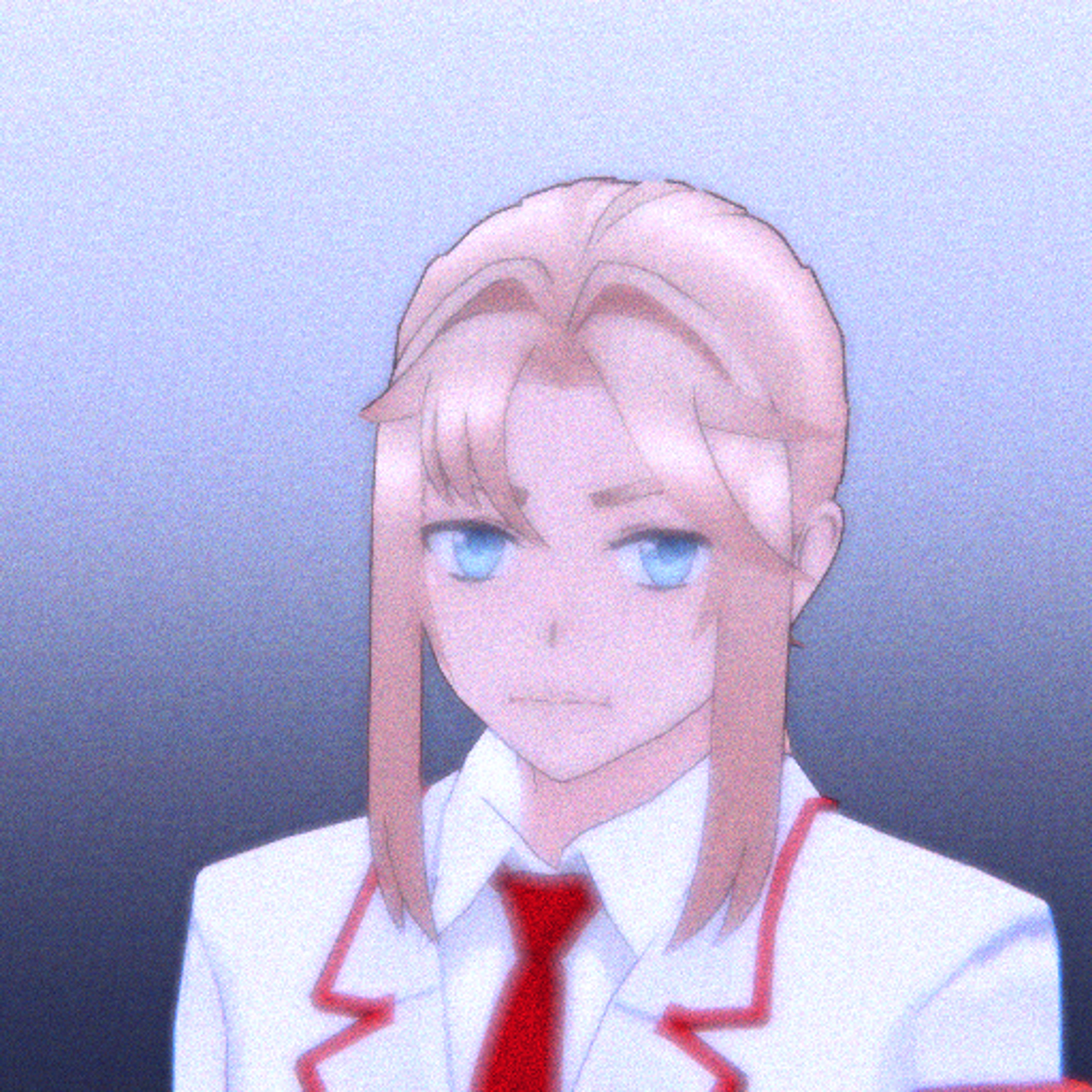 A student council president with blond hair and blue eyes wearing a school uniform