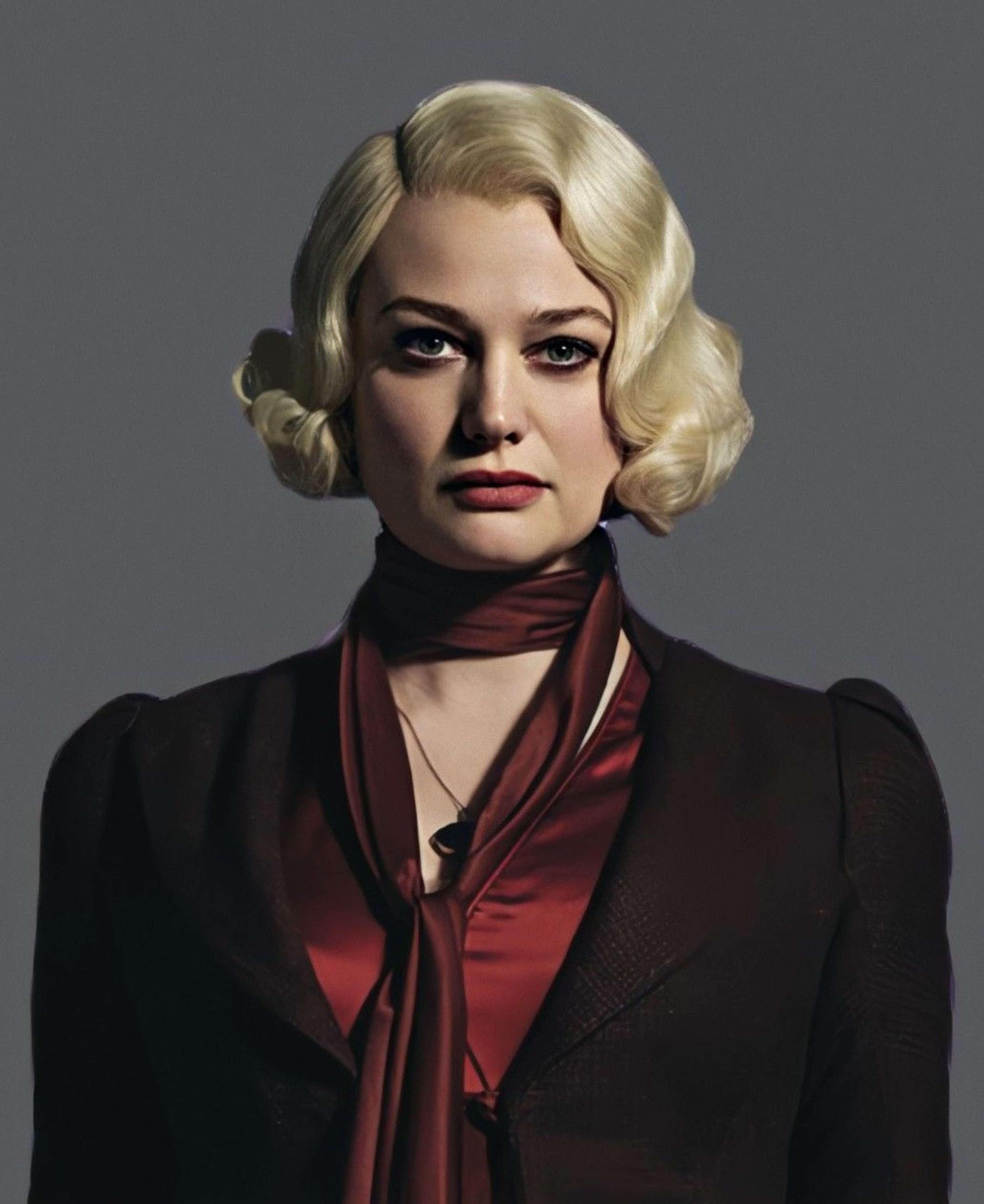 A woman with blonde hair and green eyes wearing a red scarf and black coat