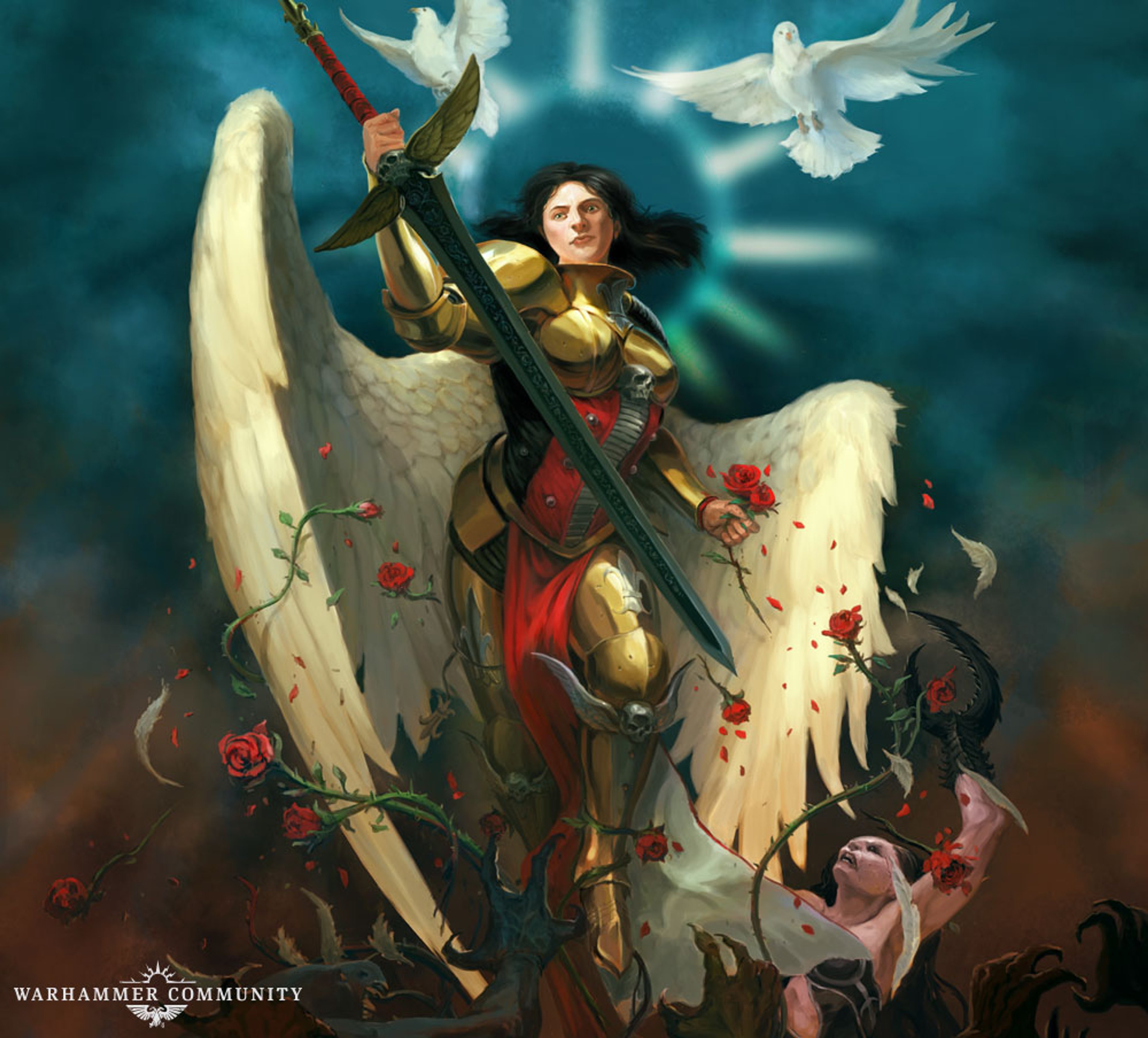 A female angelic warrior figure in golden power armor, wielding a glowing sword and surrounded by a mystical, ethereal landscape.