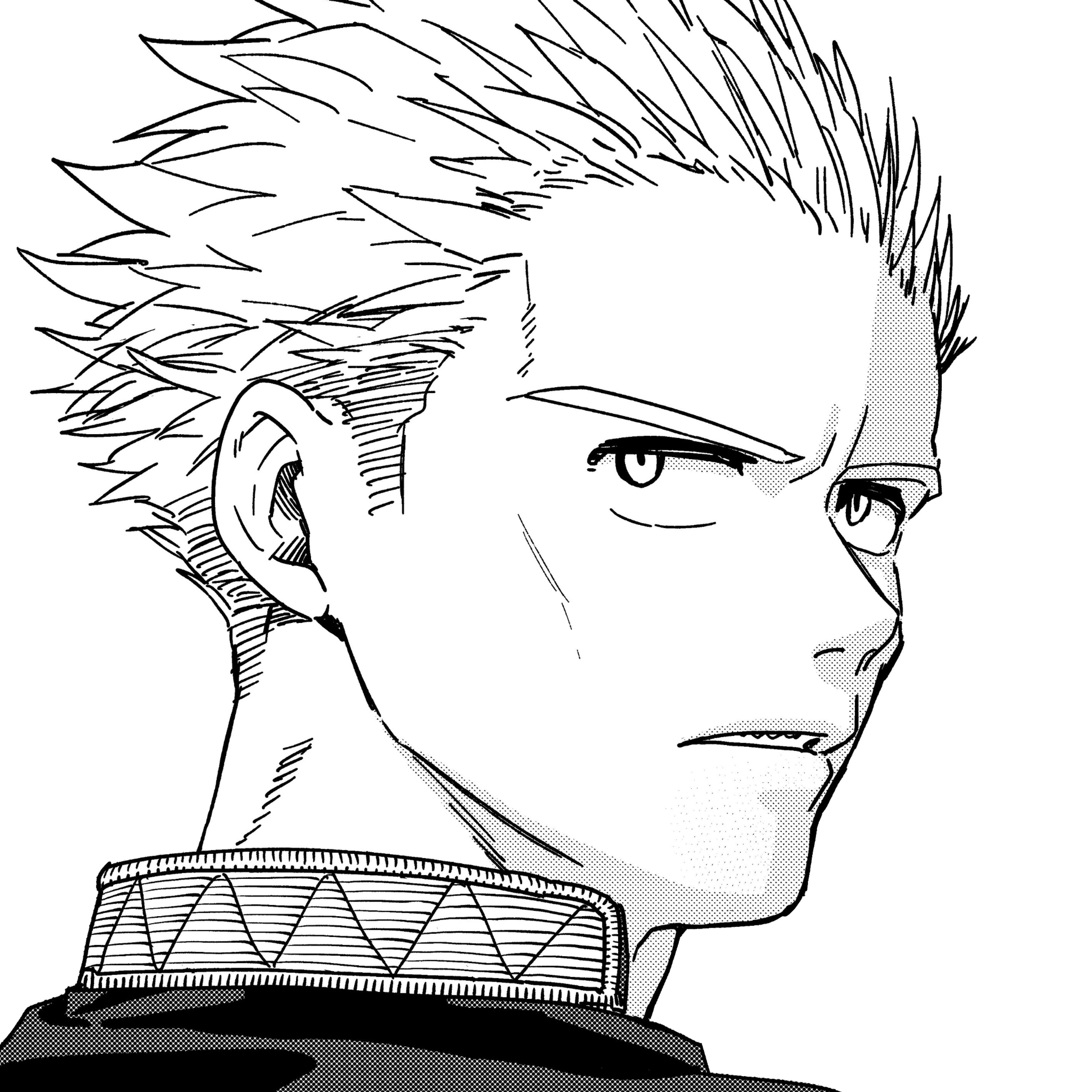 A serious-looking young man with gray-white hair and a stern expression