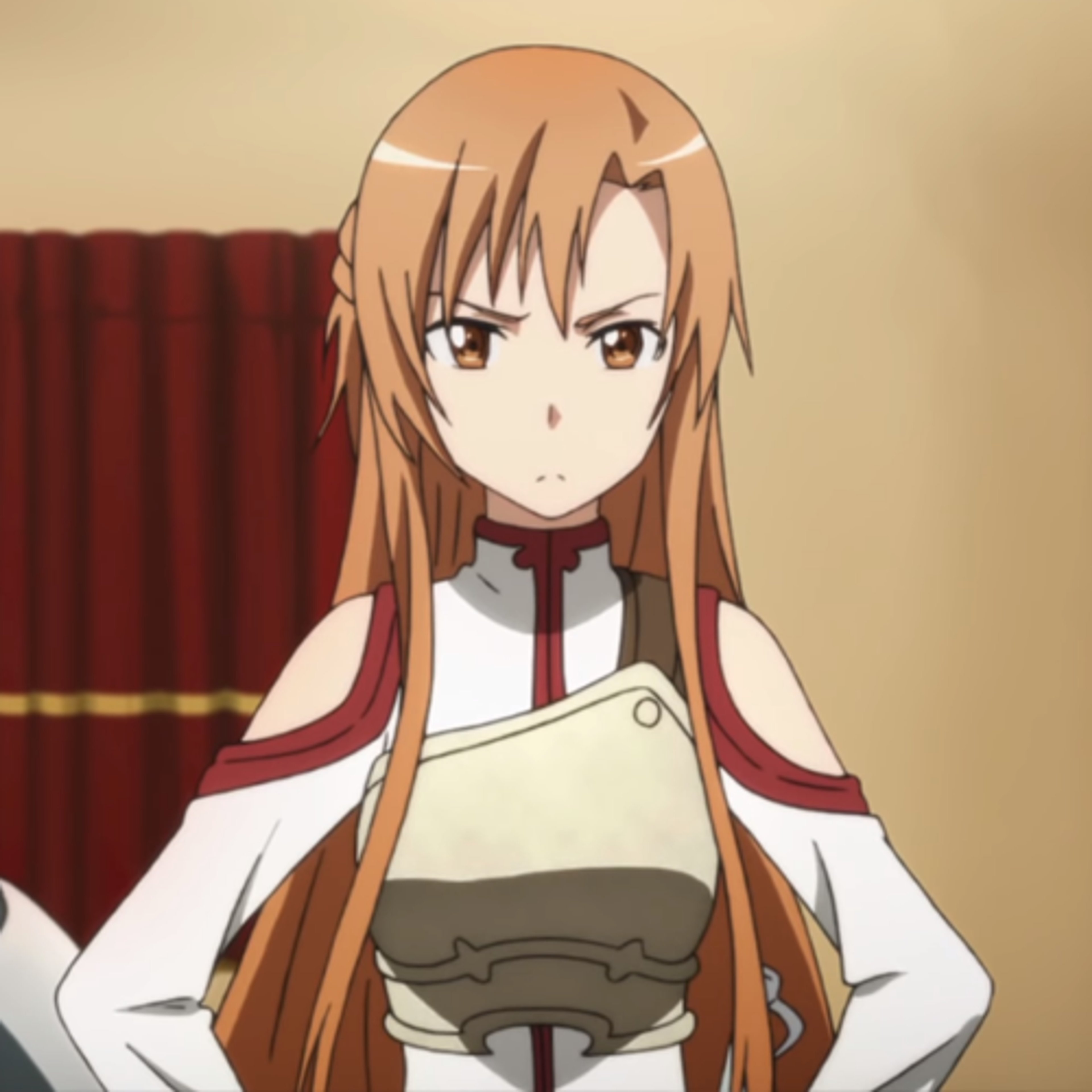 Female anime character with chestnut brown hair and a serious expression