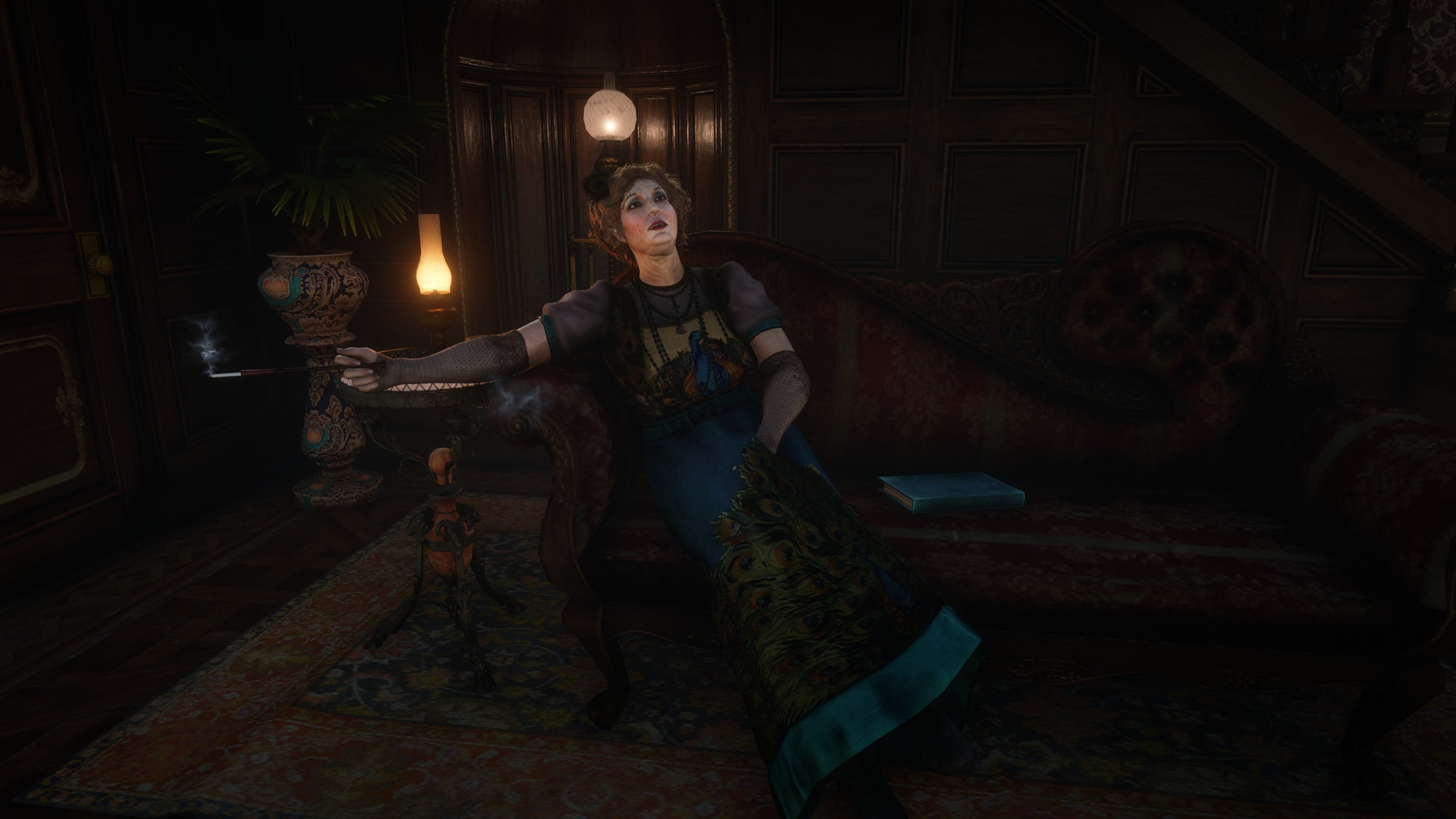 A woman with disheveled dark hair and a tattered blue dress in a dimly lit, rustic interior setting, holding a glass and appearing weary.