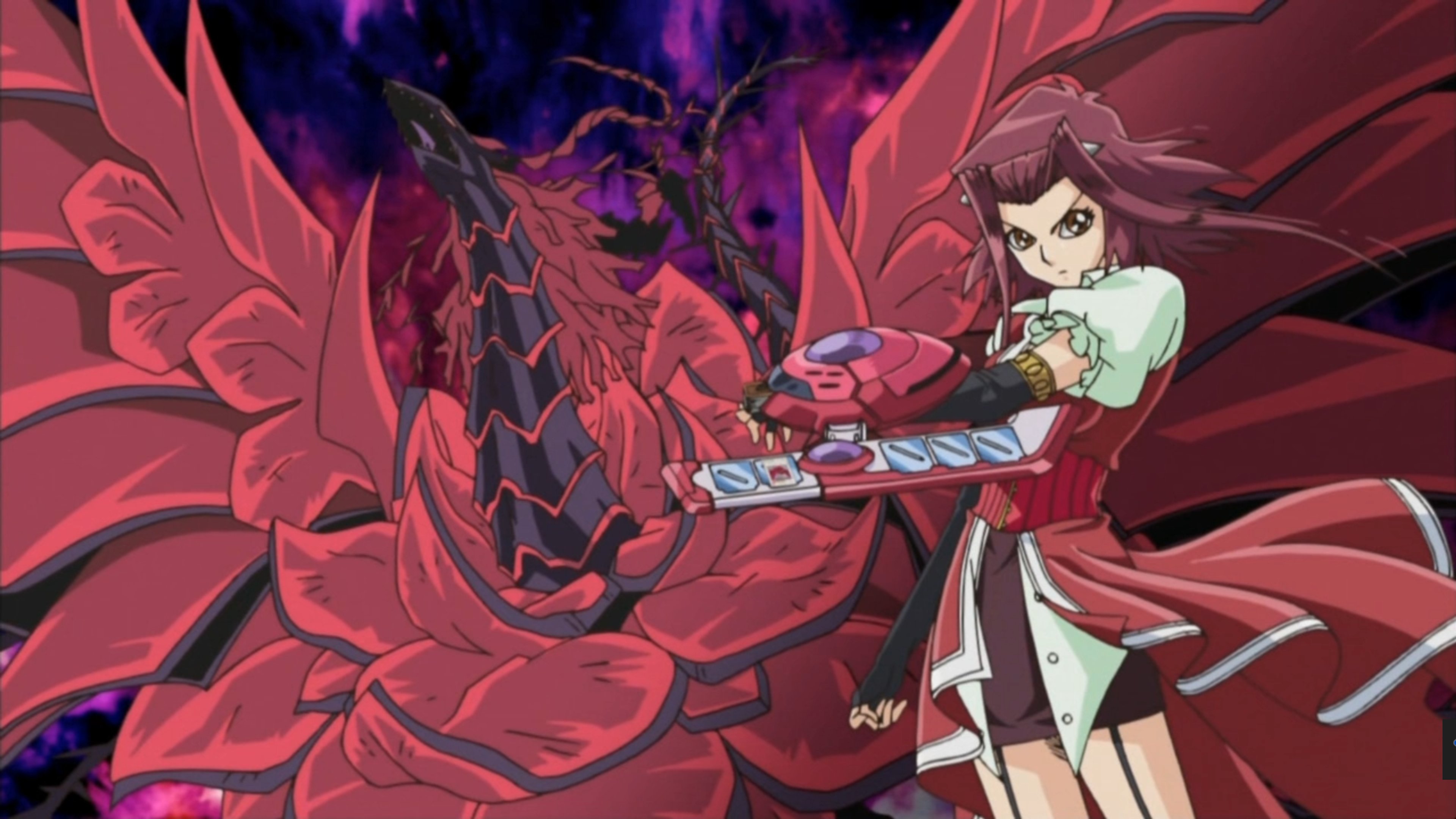 A powerful young woman with red hair holding a glowing card in a dramatic, supernatural setting.