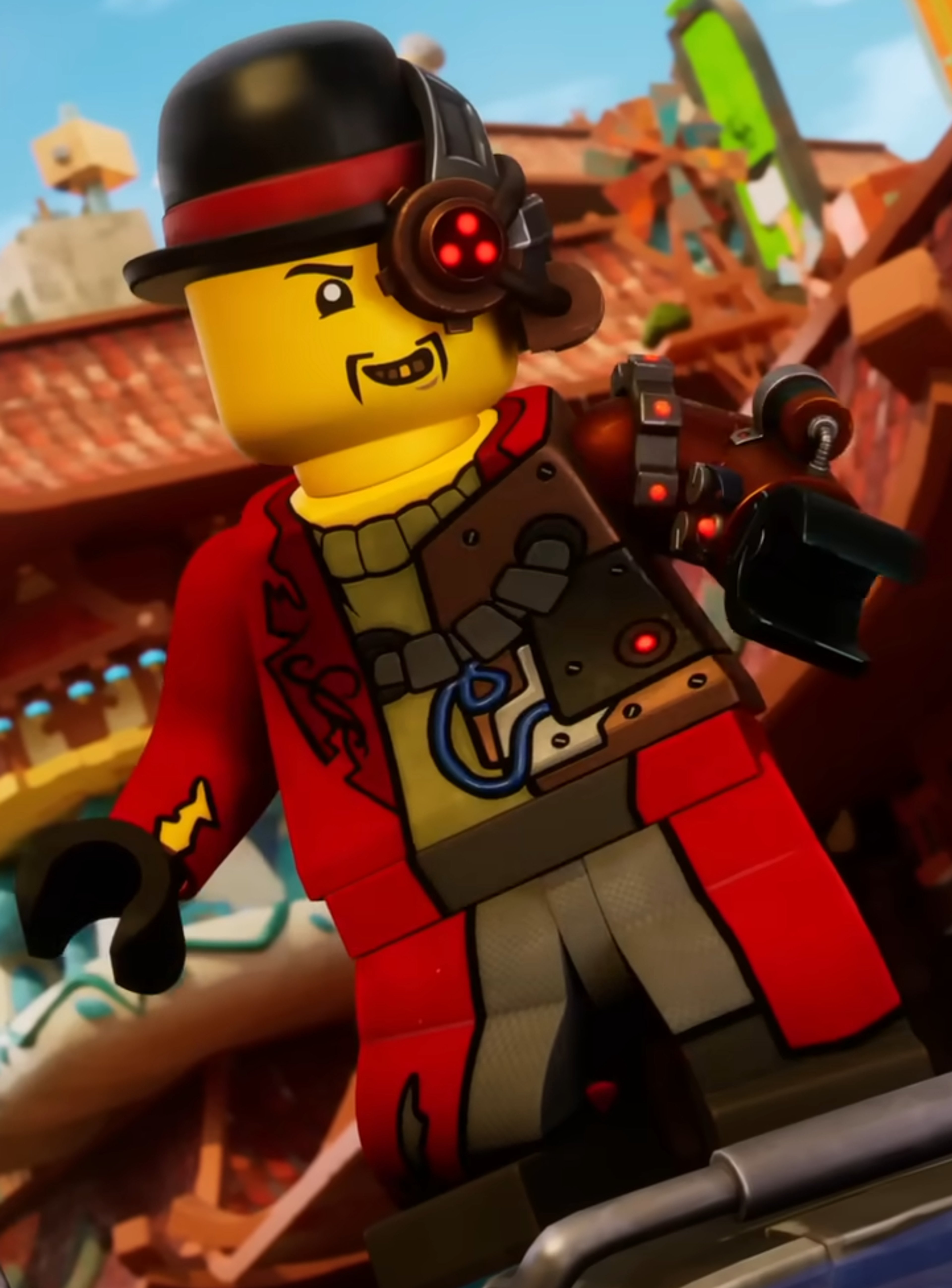 A LEGO minifigure character with a black bowler hat, mechanical left arm, and red outfit with technological elements.