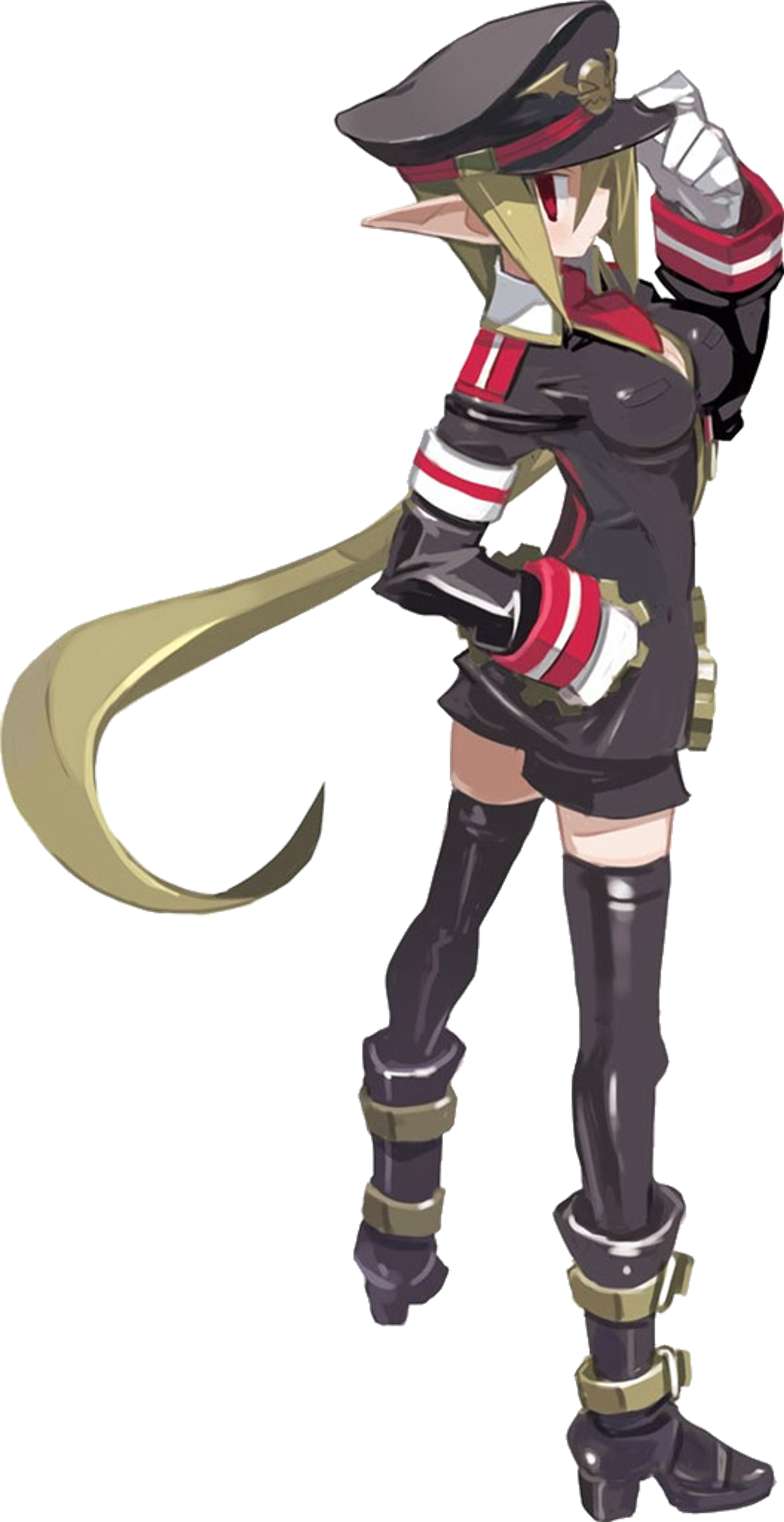 A female anime-style character in a military uniform holding a weapon or tool