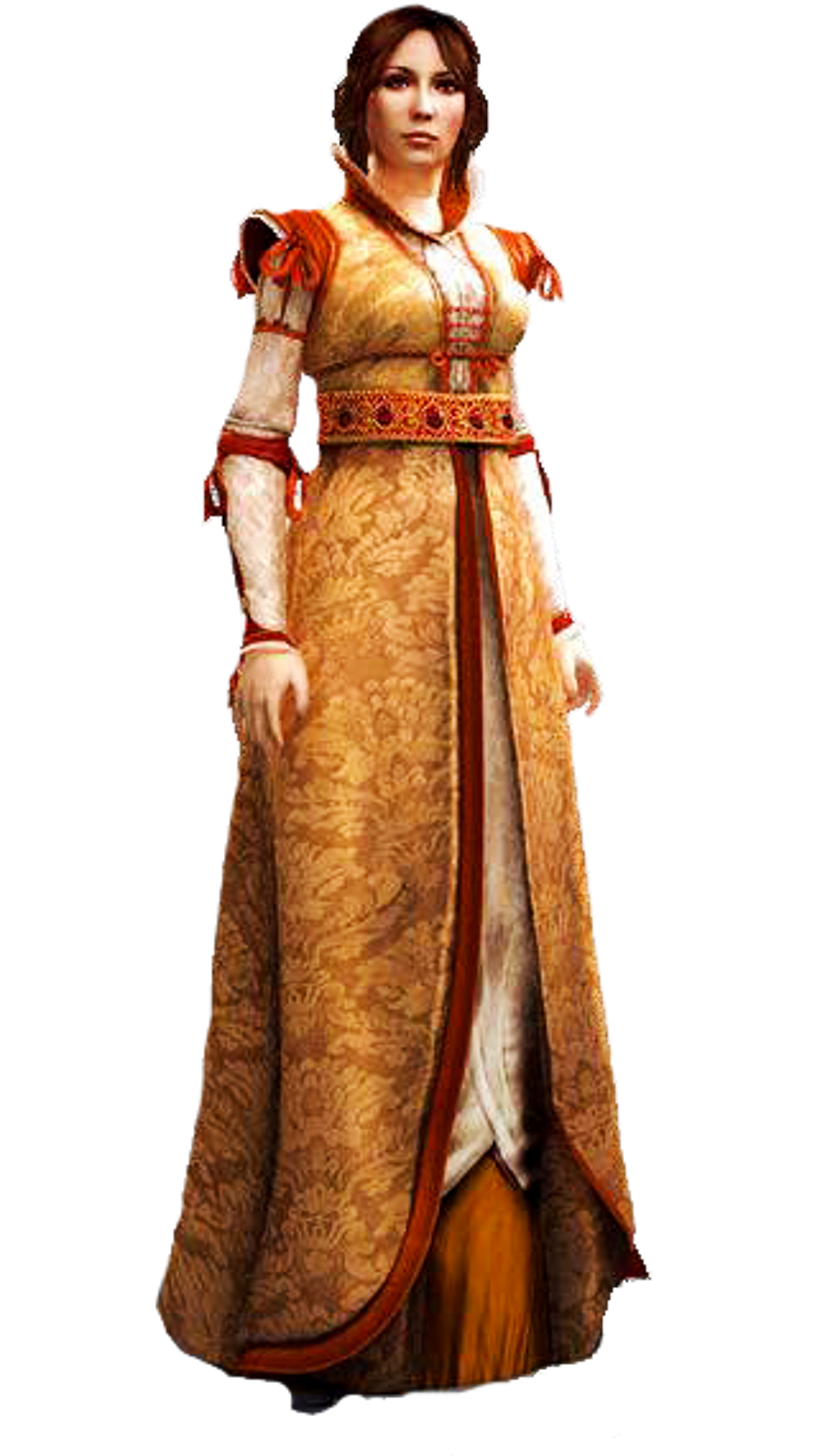 A woman in a golden Renaissance-style dress standing with a regal posture