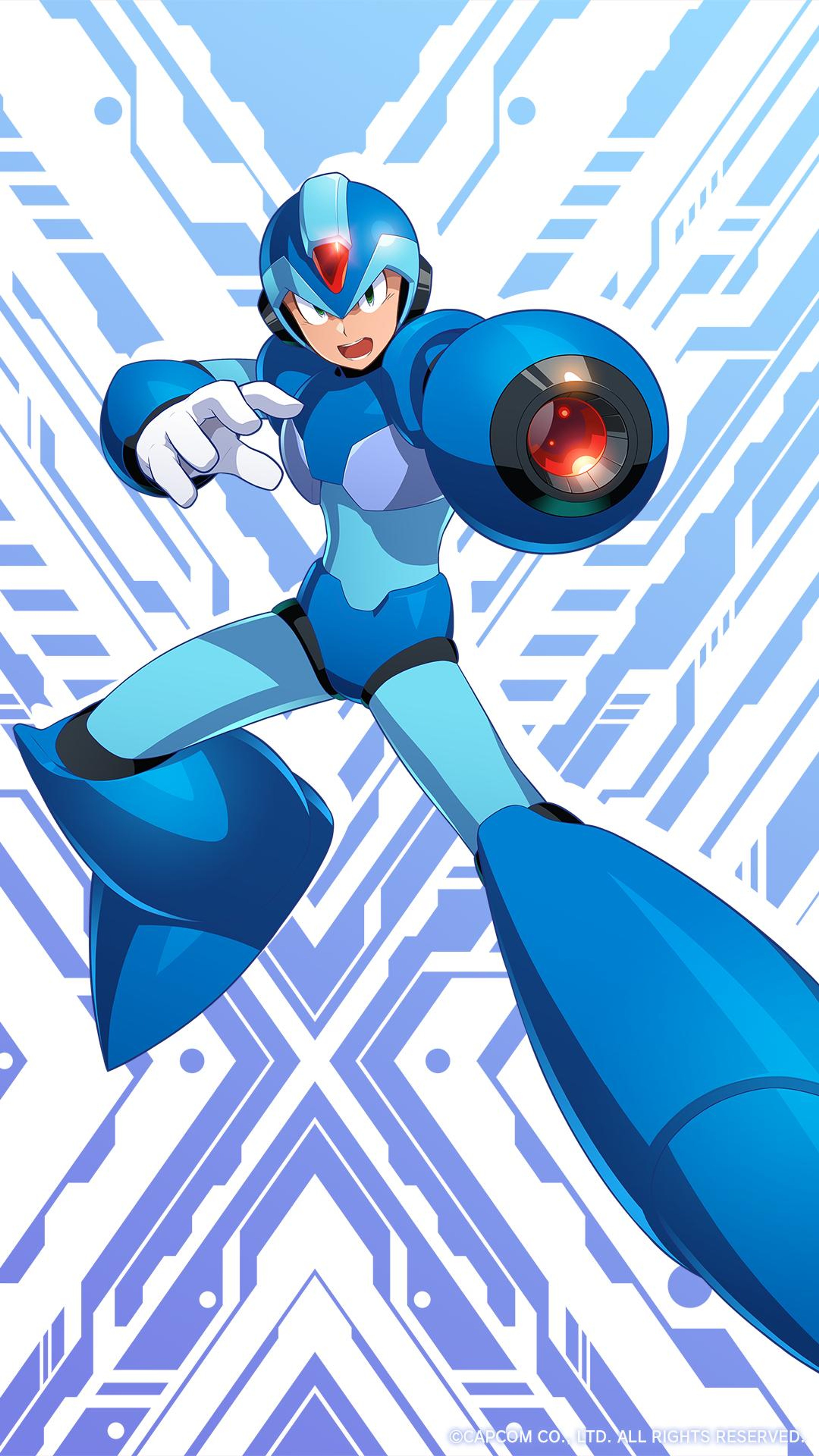 A blue-armored android character with an arm cannon standing in a futuristic environment.