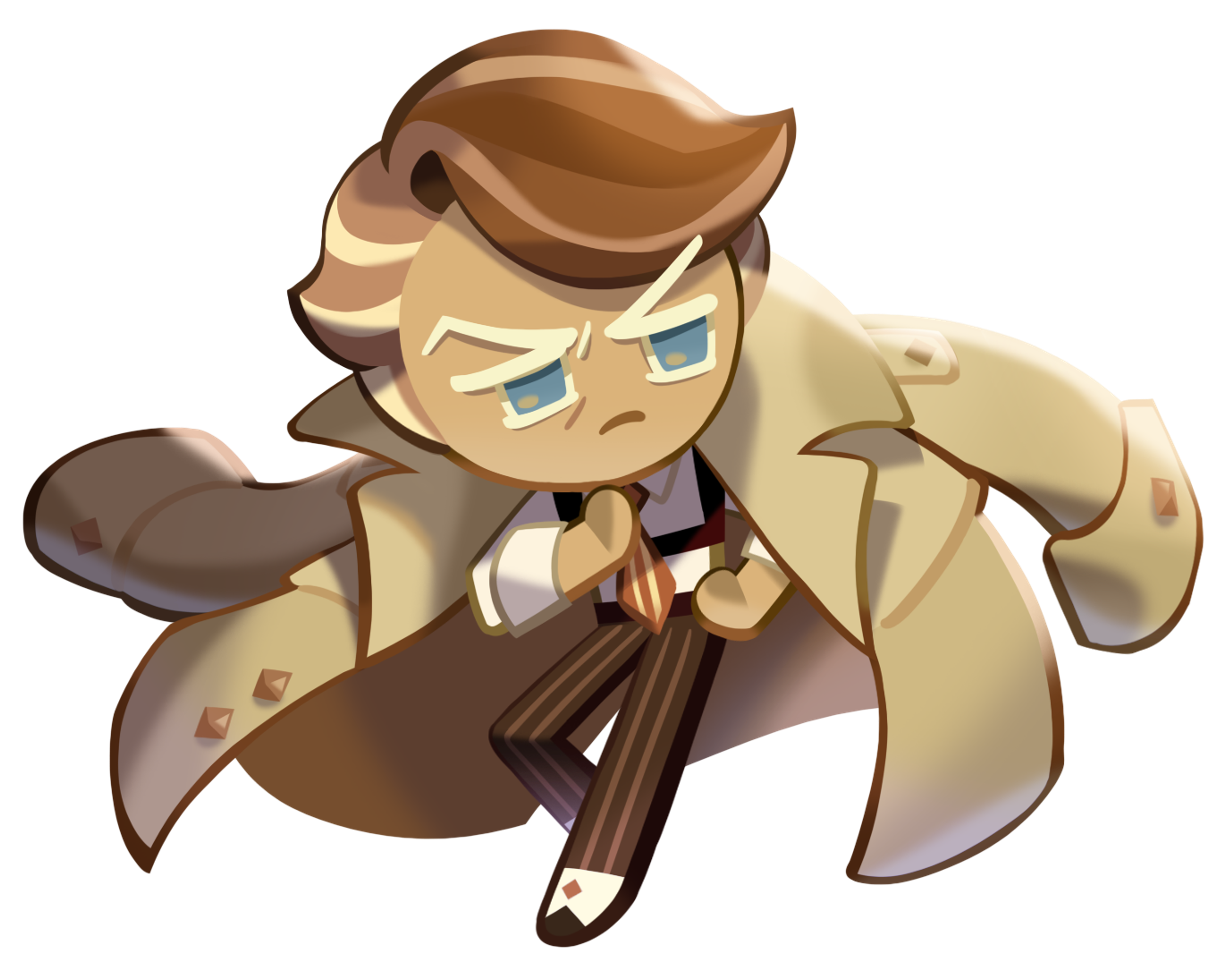 An anthropomorphic cookie detective character with a tan dough body and a tan trenchcoat and hat.